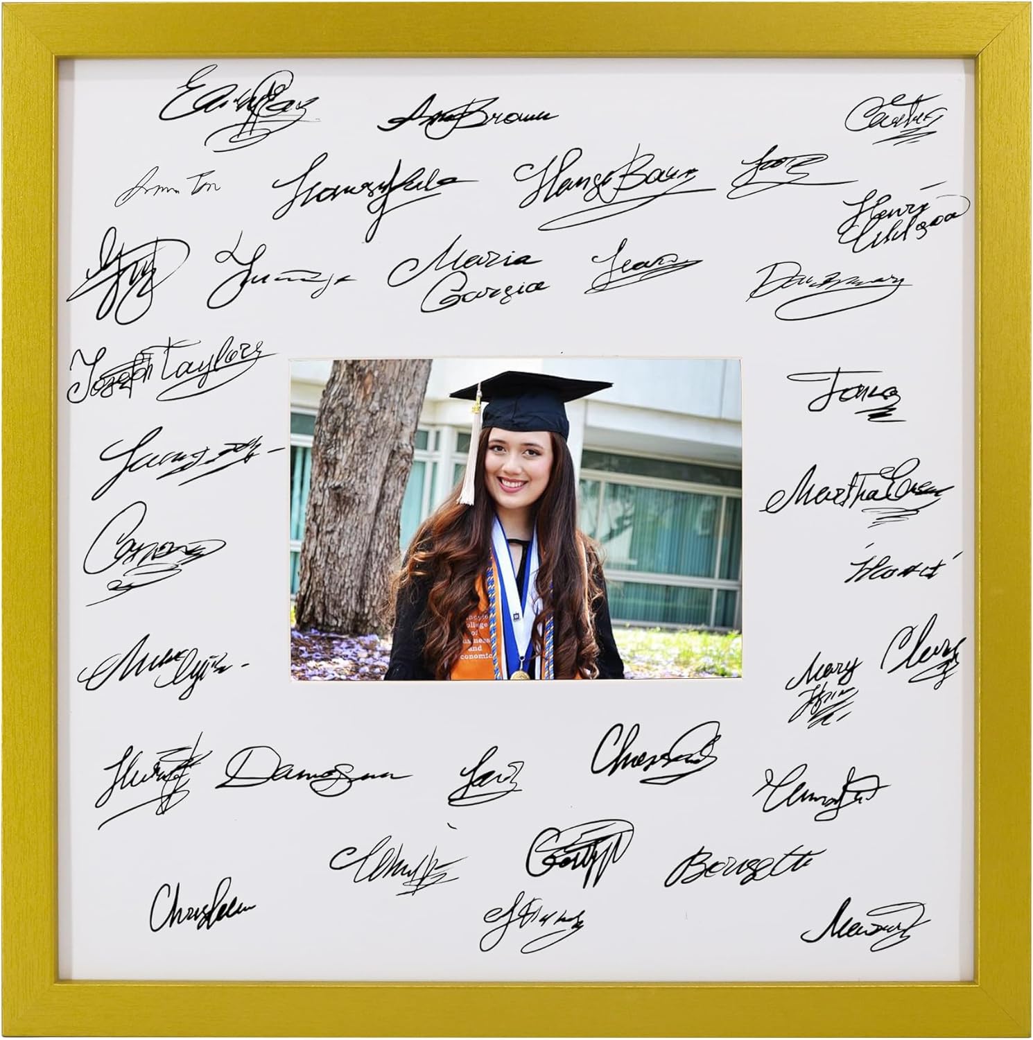 GraduatePro 14x14 Signature Picture Frame Board for 5x7 Photo with Signable Mat for Birthday Party Graduation Wedding Guest Book Gold