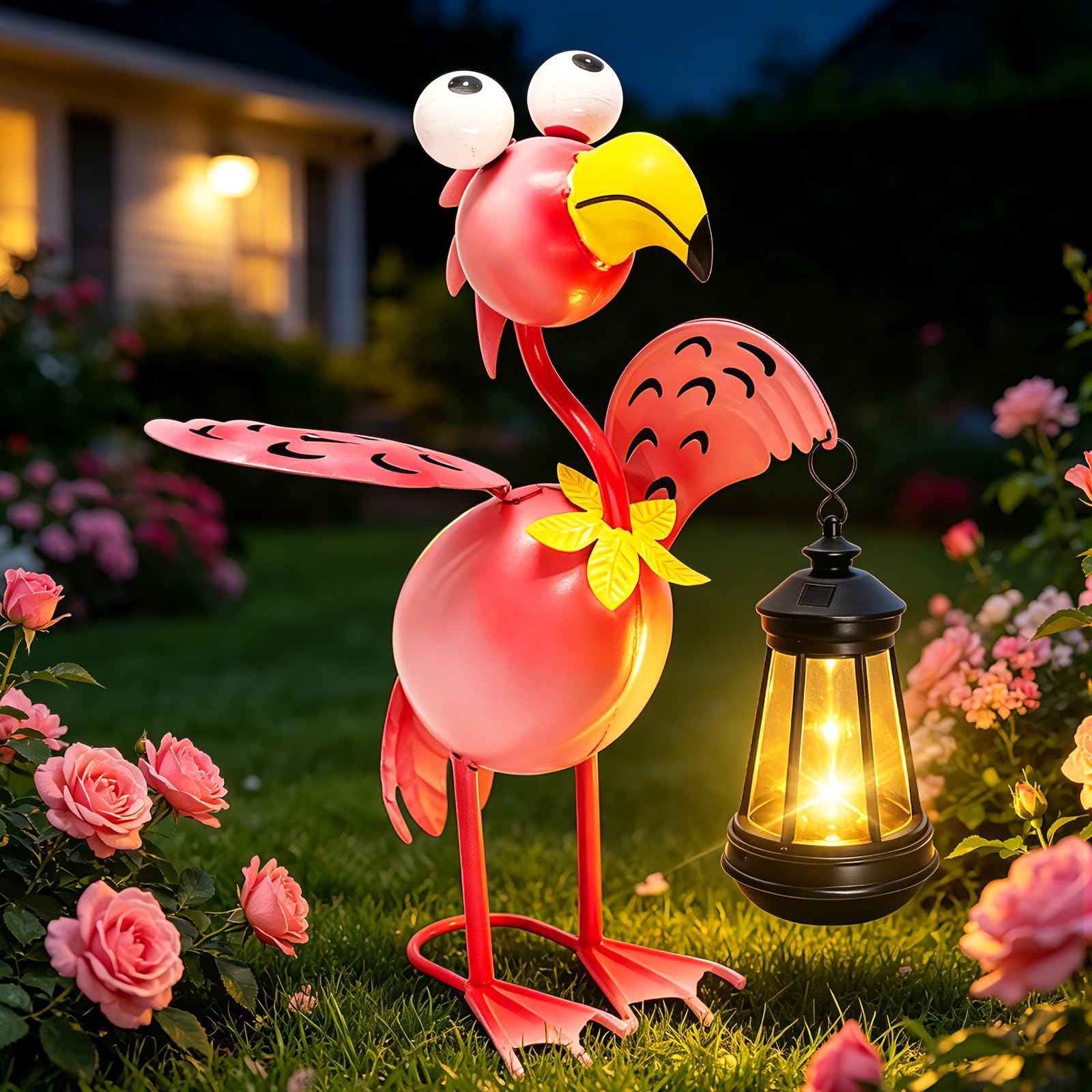 VOOKRY Solar Flamingo Garden Statue with Lantern,Metal Flamingo Outdoor