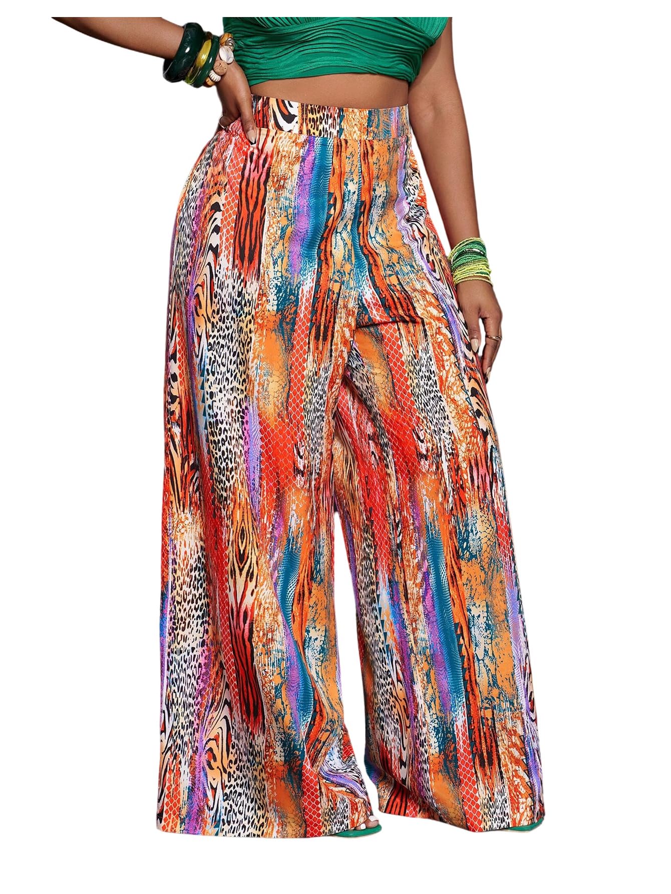 MakeMeChic Womens Plus Size Pants Boho Graphic Print Wide Leg High Waisted Summer Trousers