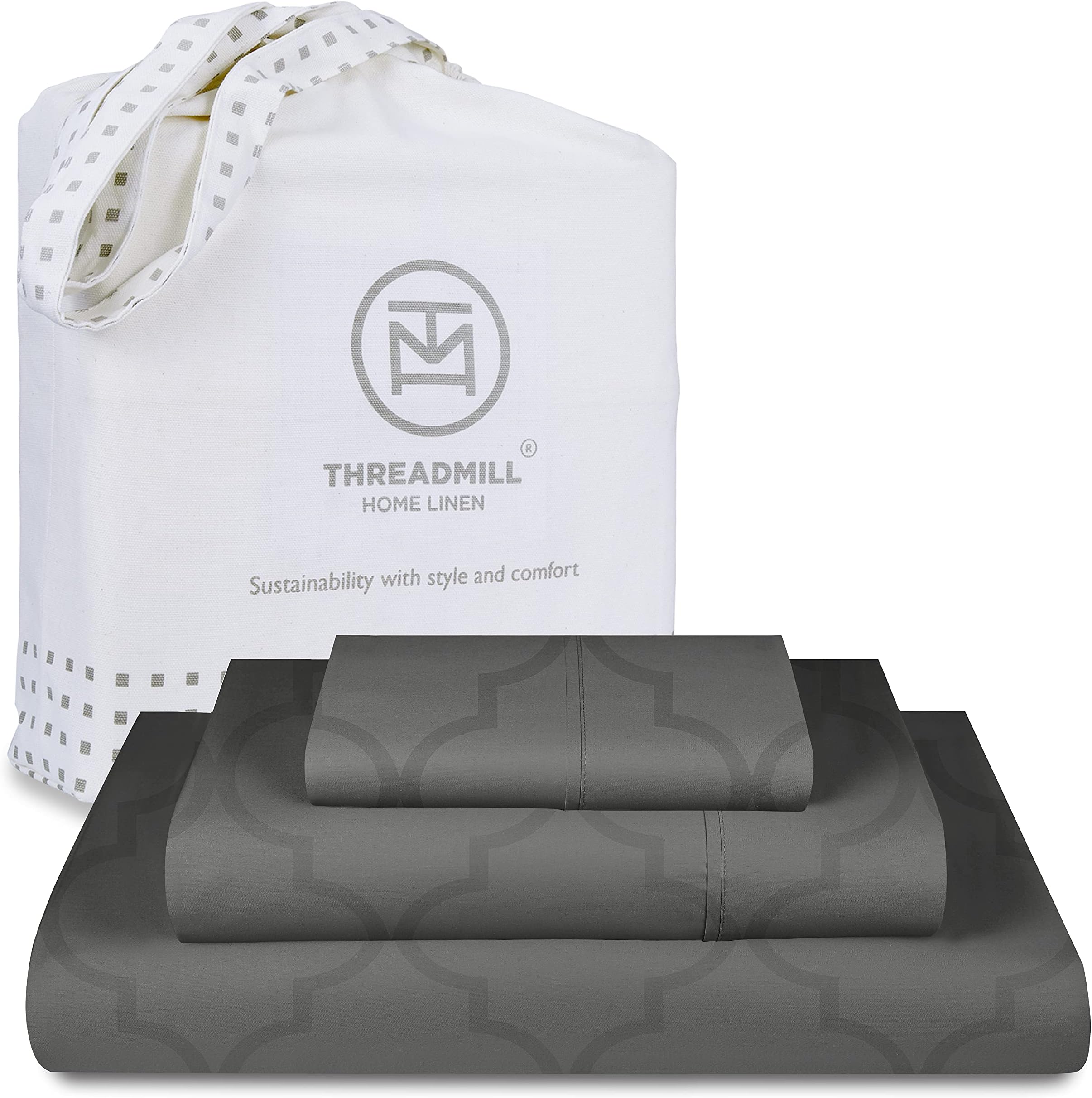 Threadmill Home LinenTwin Sheets - Pure Long Staple Cotton Tradition Jacquard Damask Weave, 3 Piece 300 Thread Count Bedsheet Set, Smooth Dark Grey Sheets with Elasticized Deep Pocket
