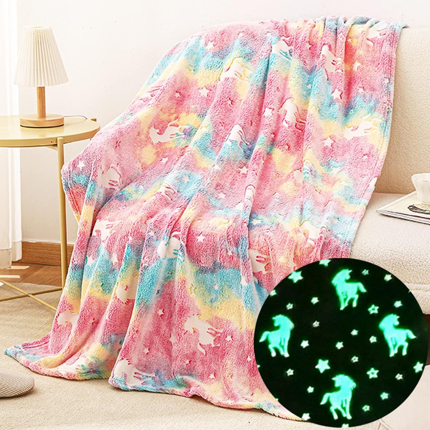 Happwow Glow in The Dark Blanket,Unicorn Blanket for Girls,Soft Throw Fuzzy Blankets Kids