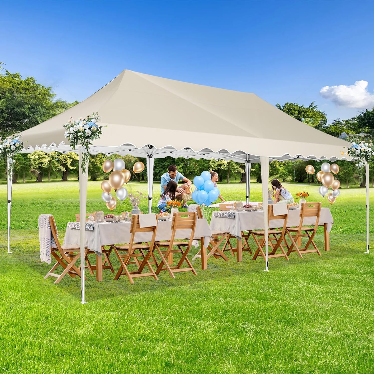 HOTEEL 10x20 Pop up Canopy Tent Without Sidewall Easy Up Commercial Outdoor Wedding Party Tents for Parties All Season Wind & Waterproof Gazebo Roller Bag, Khaki