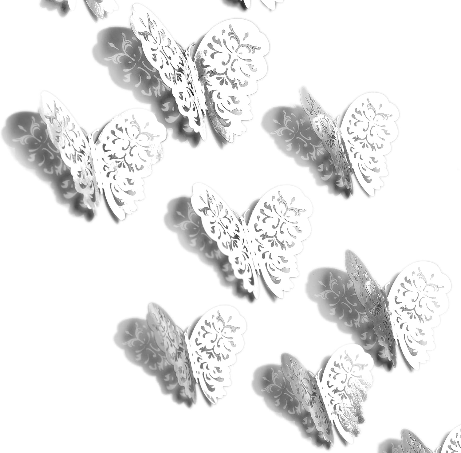 FiveSeasonStuff 24pcs 3D Gold Mirror Hollow Butterfly Wall Stickers, Silver, Style No. 1