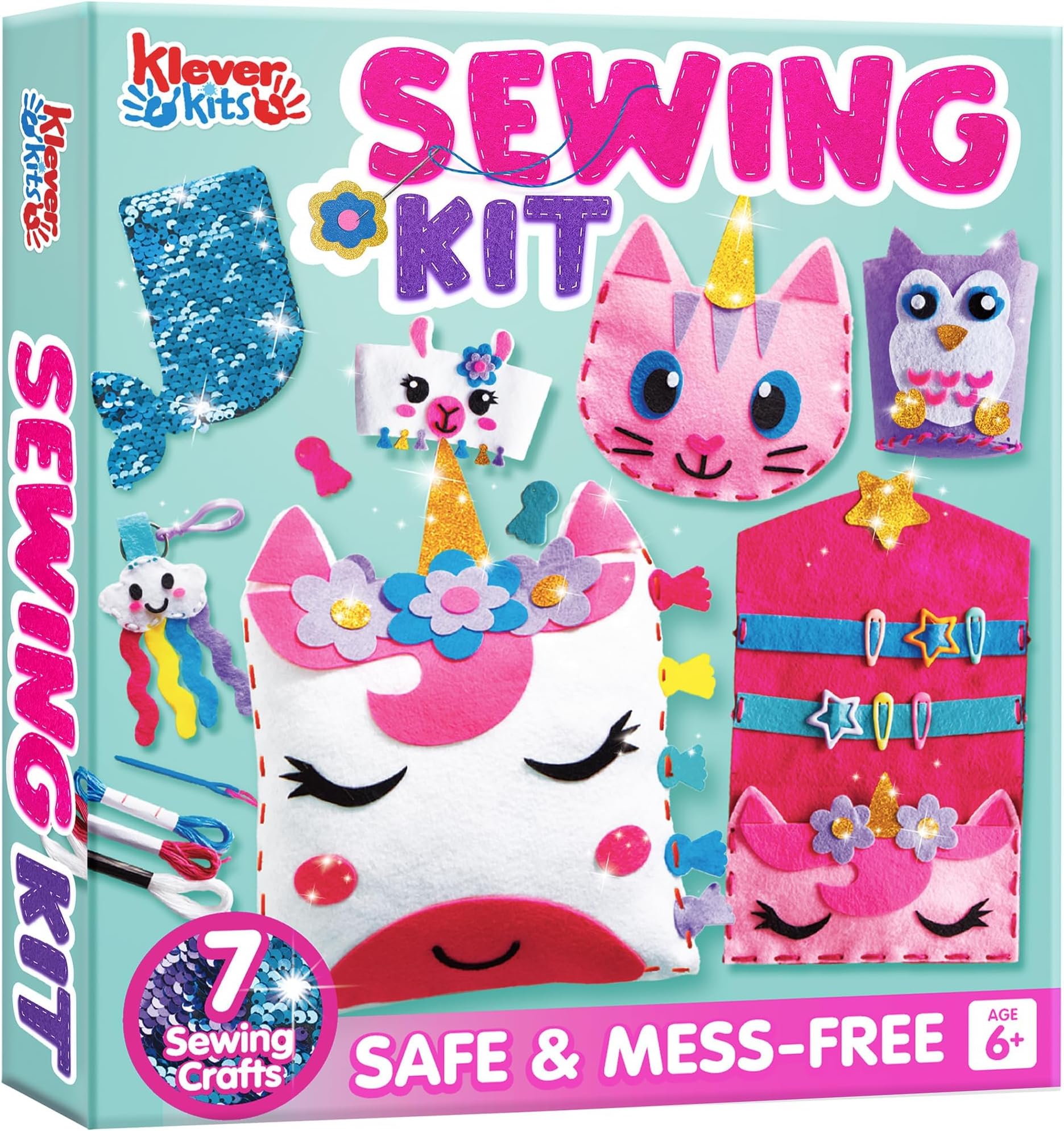 Klever Kits 7 Sewing Projects- My First Kids Sewing Kit- Easy DIY Arts and Crafts of Unicorn and Mermaid, Craft Kits, Birthday Gifts for Kids Aged 6+