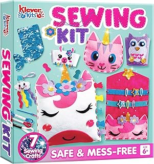 Klever Kits 7 Sewing Projects- My First Kids Sewing Kit- Easy DIY Arts and Crafts for Girls, Craft Kits, Birthday Gifts for Kids Aged 6+, Unicorn and Mermaid Pillow