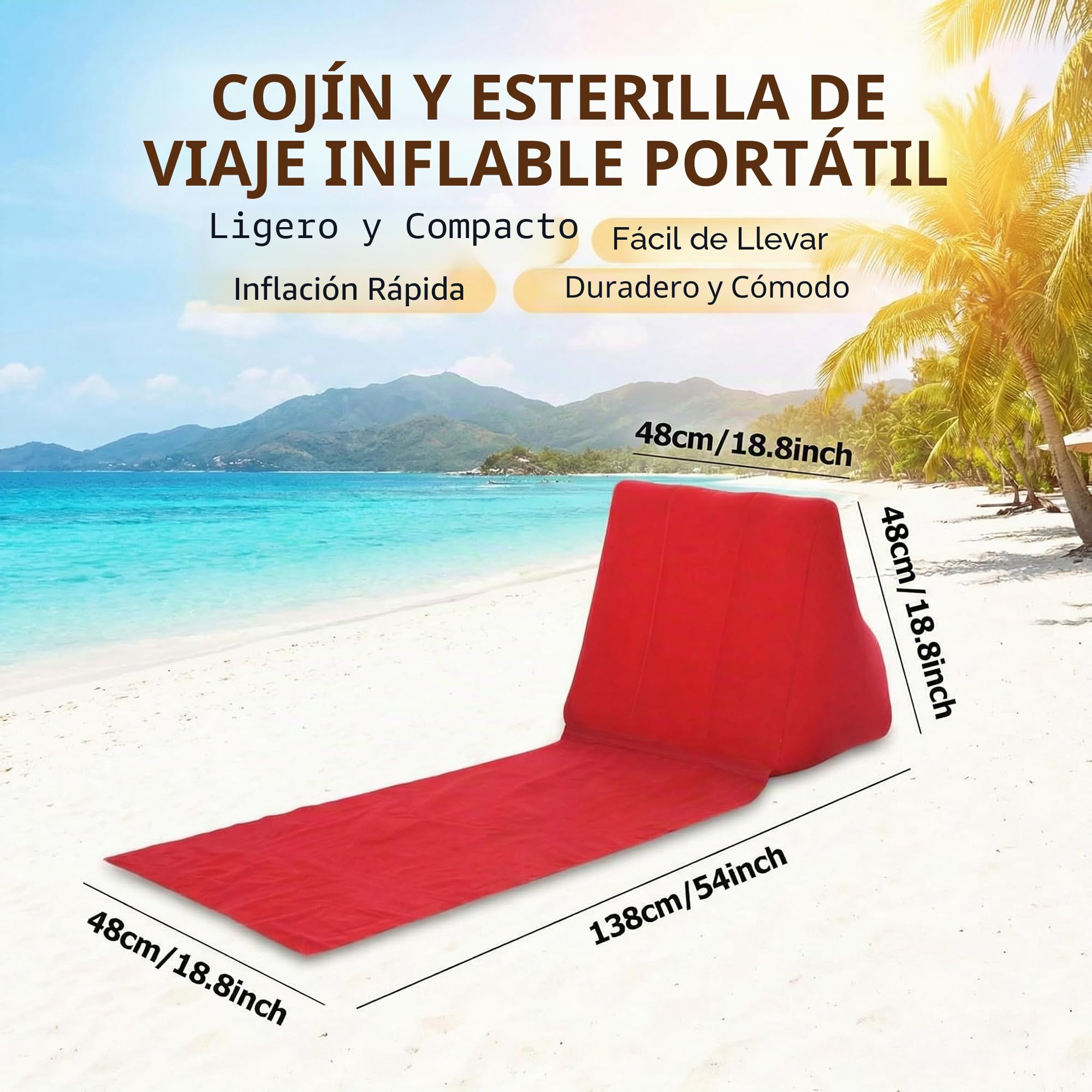 SOONHUA Tumbona inflable con cojín para la espalda, playa y camping, colchón plegable, resistente al agua, rojo