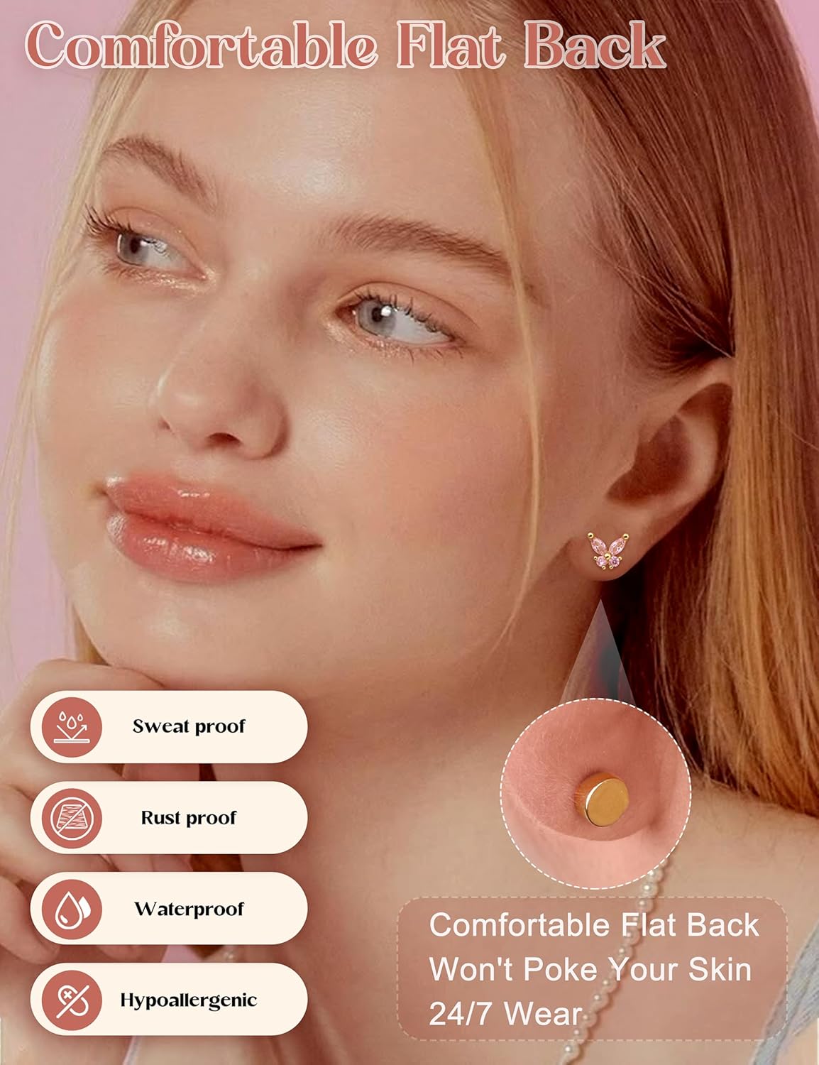 MILACOLATO 14K Gold Plated Hypoallergenic Earrings 316L Surgical Stainless Steel Cute Pearl Flower Butterfly Heart Strawberry Rainbow Flat Back Earrings Small Daisy Huggie Hoop Earrings Set for Sensitive Ears - Image 5