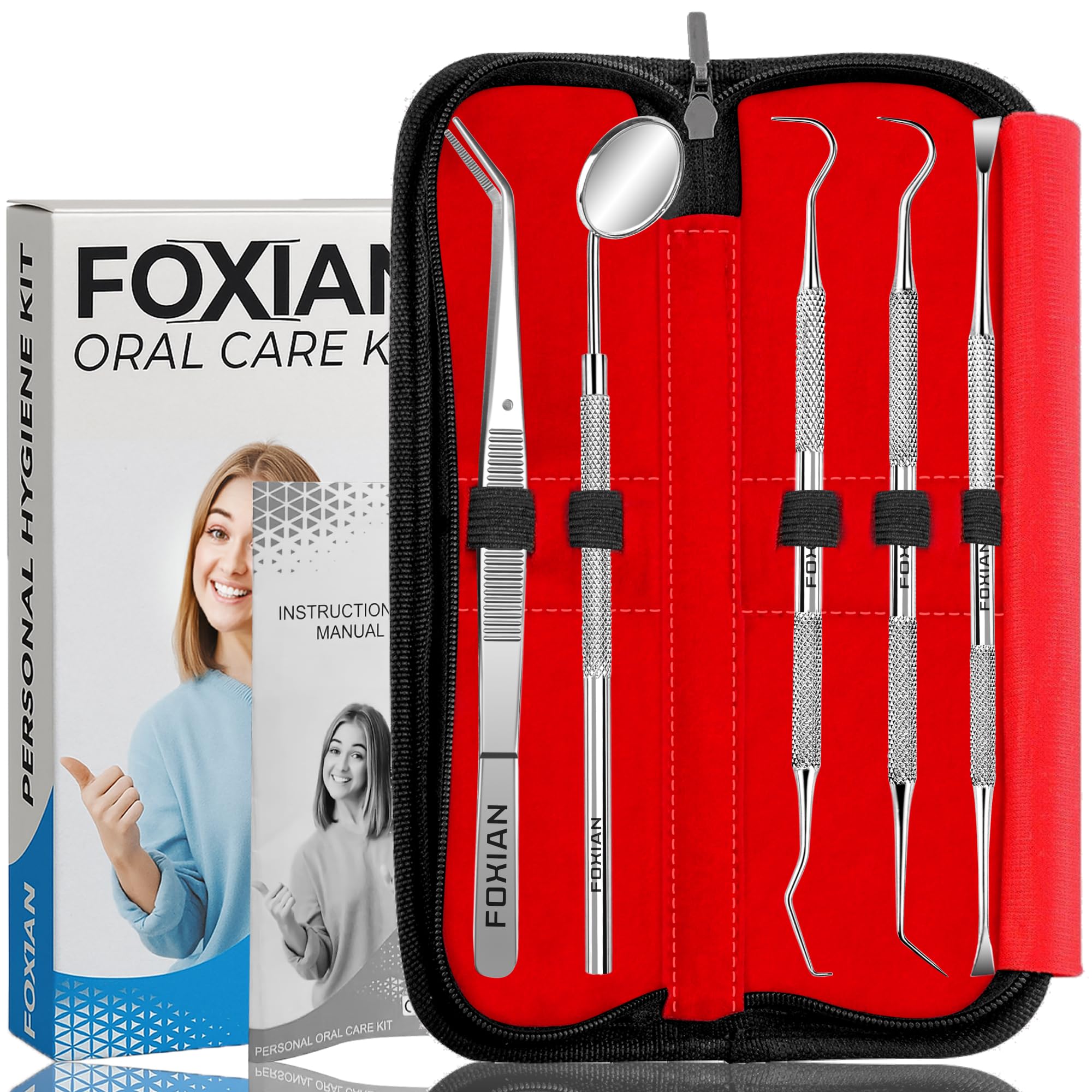 FOXIAN Professional 5 Pcs Oral Plaque Remover for Teeth Stainless Steel Tooth Picks Tartar Cleaner for Teeth Whitening & Oral Care Kit for Men Women Pets (5 Pcs)