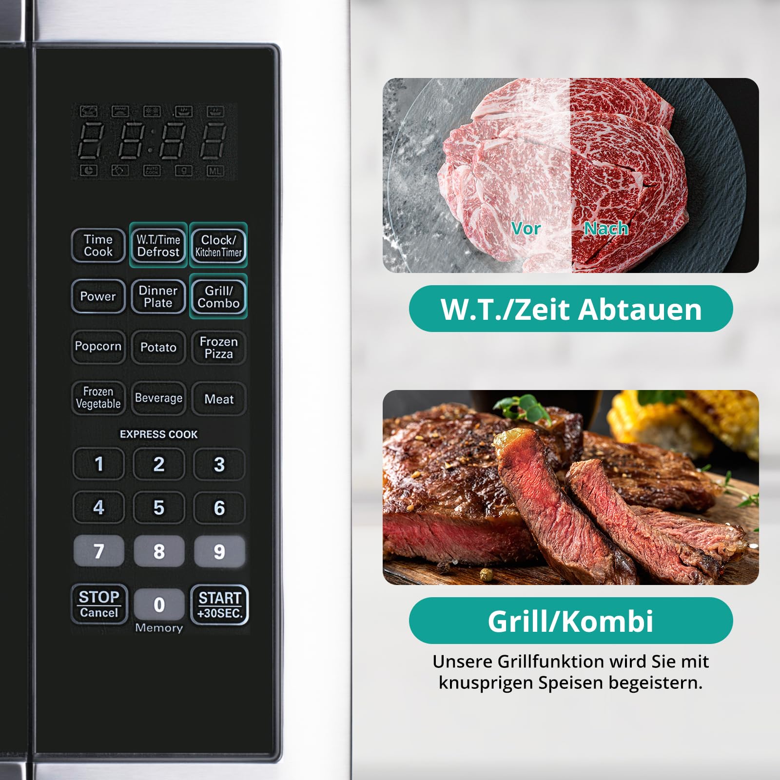 SMETA Microonde 42L Forno a Microonde con Grill 1100 W, Grill 1400W 11 livelli di potenza/funzione di scongelamento/timer/sicurezza per bambini/piatto girevole in vetro (Ø34,5 cm) Nero/Argento