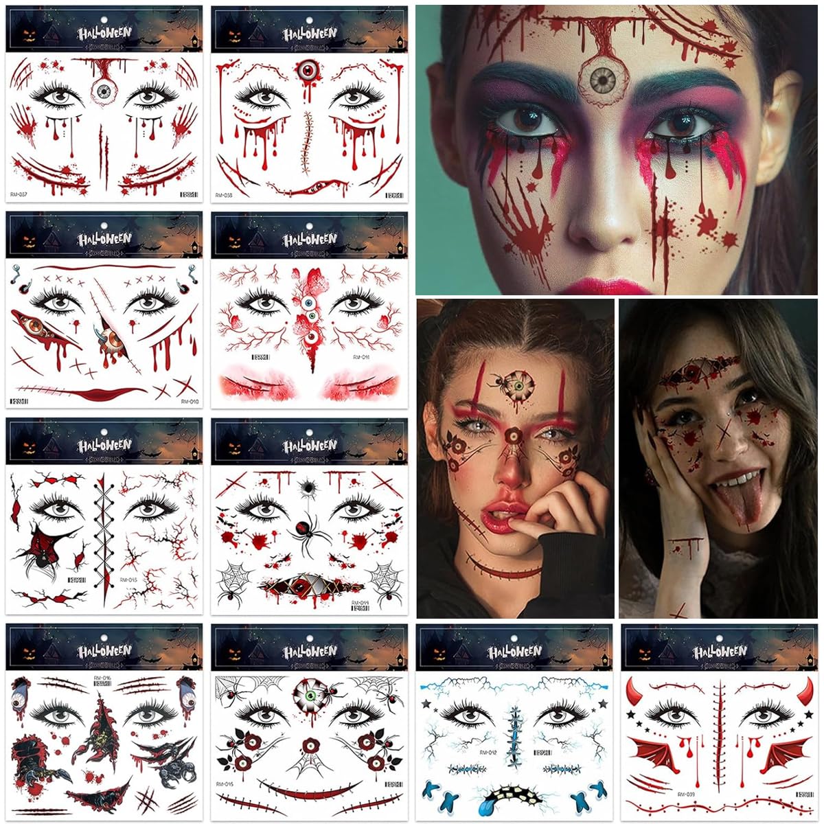 MAYCREATE® 10Pcs Halloween Temporary Face Tattoos for Adults Halloween Mouth Tattoos Stickers Horror Clown Fake Face Scars Wound Tattoo Makeup Kit-image-4