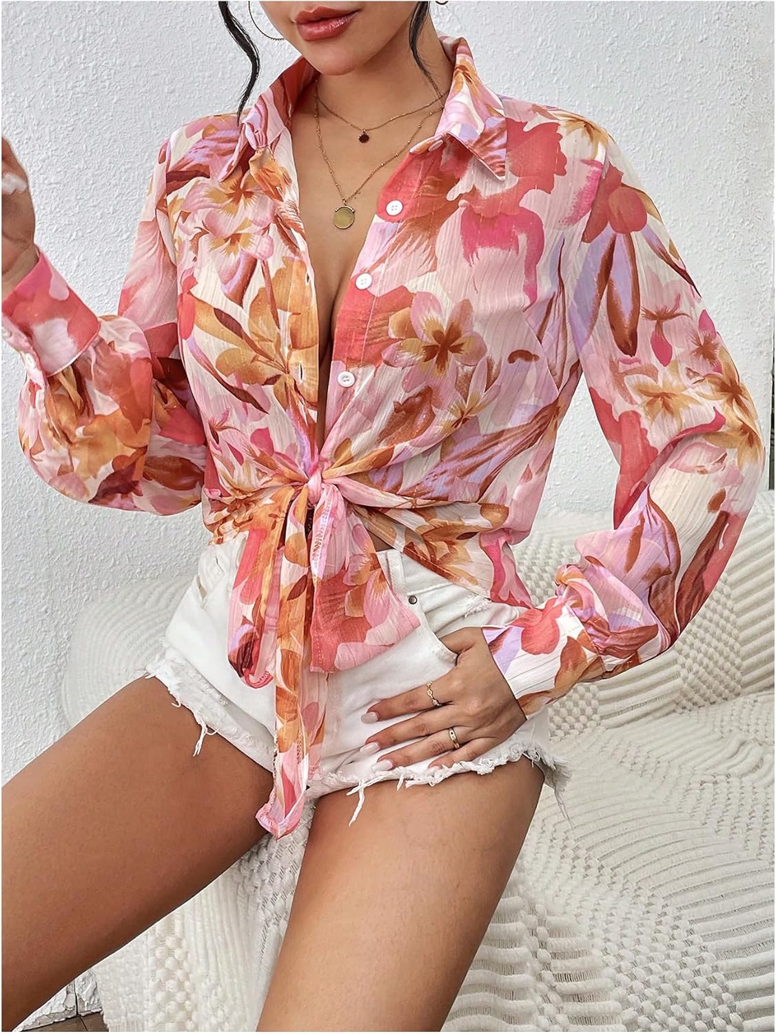 WDIRARA Women's Floral Bishop Sleeve Button Up Shirts Collared Tie Front Blouse Tops - Image 6