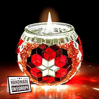 Mosaic Candle Holder – Red Handmade Colorful Glass Tealight Candle Holder, Votive Candle Holder for Gift, Aromatherapy, Decor Glass Candle Holder