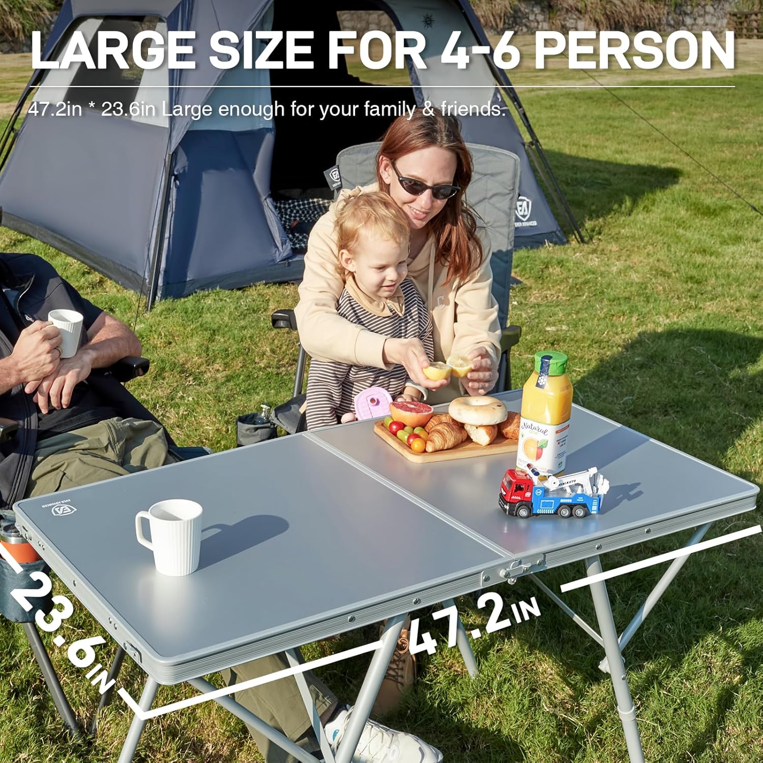 EVER ADVANCED Large Camping Table for 4-6 Person, Portable Folding Aluminum Table with Carrying Handle, Suitable for BBQ, Picnic, Camping and Indoor Use, Support up to 130LBS, Silver