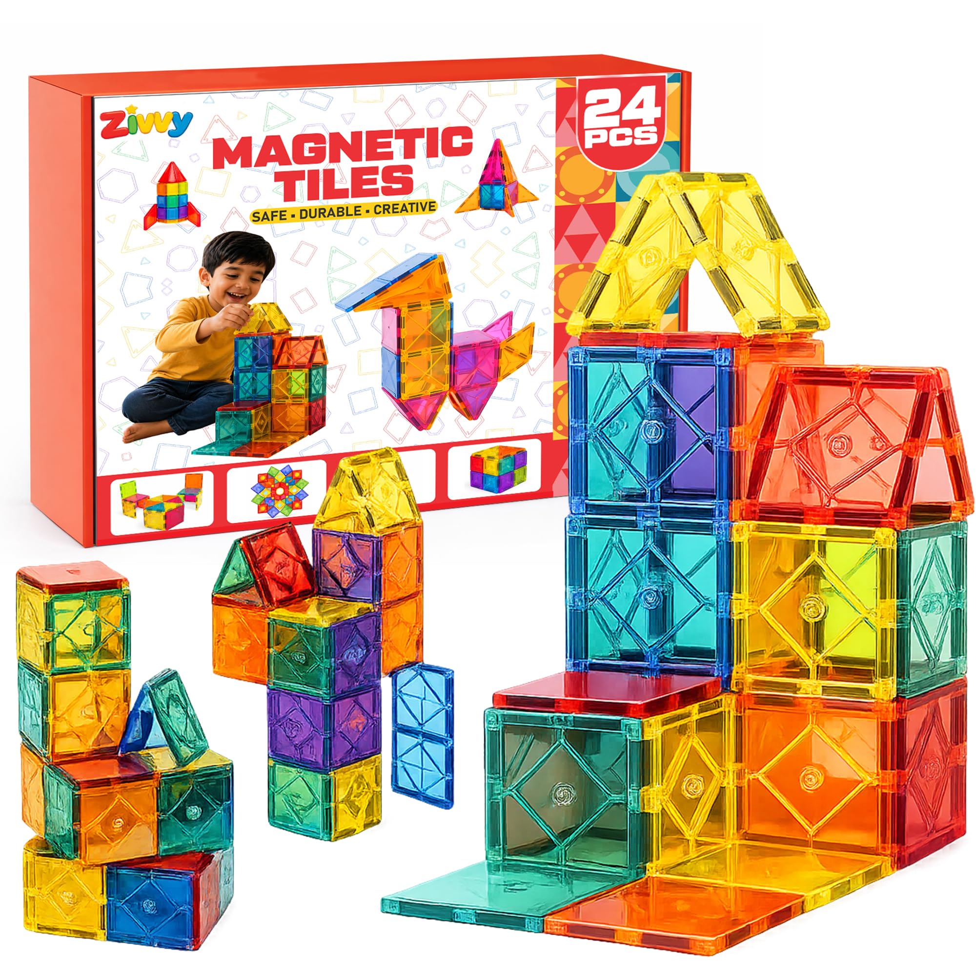 ZIVVY 3D Magnetic Tiles Building Blocks with Ball Runner Tunnels - 24 Pcs | Magnetic Construction Set for Kids 3–8 Years | STEM Educational Toy | Creative Brain Development Gift for Boys & Girls