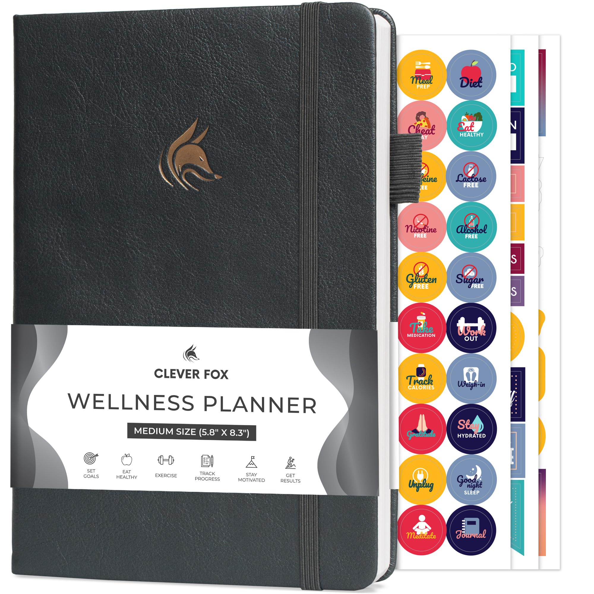 Clever Fox Wellness Planner - Weekly & Daily Health and Wellness Log, Food Journal & Meal Planner Diary for Calorie Counting, Notebook for Medical Condition Tracking, A5-Sized - Silver Black