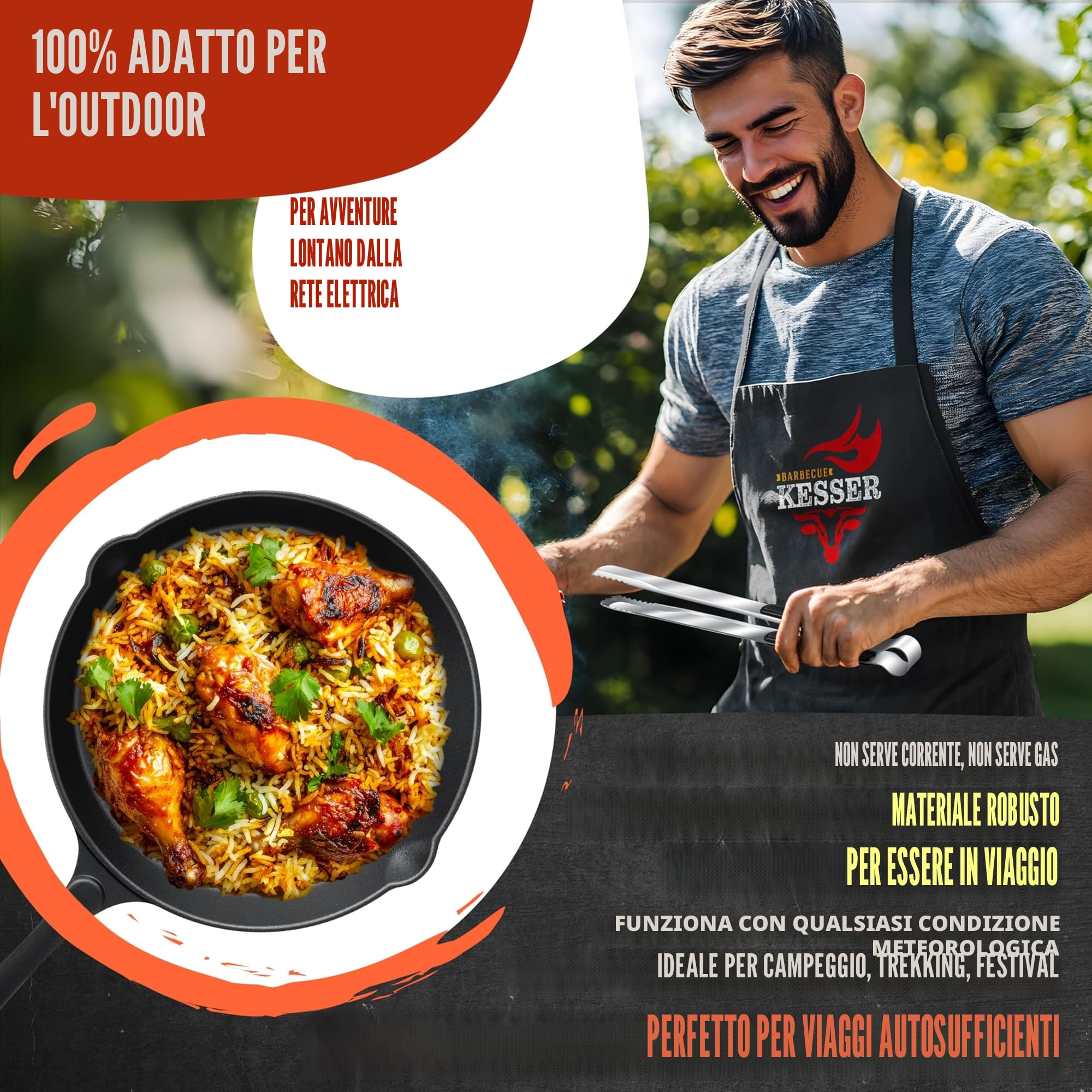 KESSER® Forno a razzo con padella in ghisa, piastra per barbecue, pinza per barbecue e borsa per il trasporto | Dutch Oven BBQ Razzo, forno a legna da campeggio, per esterni, in acciaio inox, nero