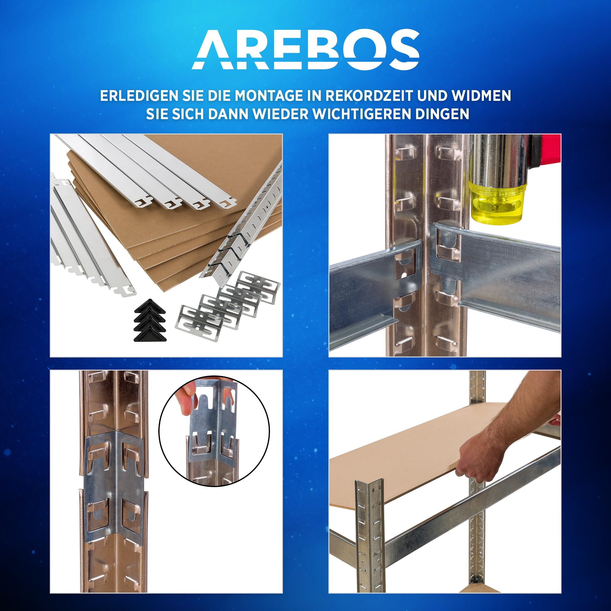 Arebos Schwerlastregal | 160 x 80 x 40 cm | 320 kg Tragkraft | 0,7 mm | 4 MDF-Platten | Einfache Montage durch Stecksystem und ohne Schrauben Steckregal Kelleregal | verzinkt