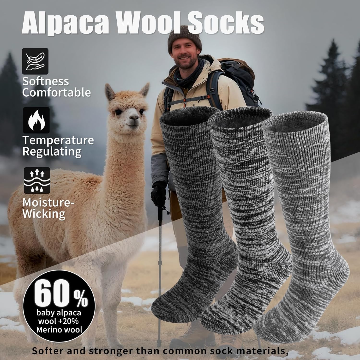 3 Pairs Alpaca Wool Boot Socks Men Women Thermal Warm Heavyweight Thick Socks Winter Hunting Hiking, Moisture Wicking - Image 2