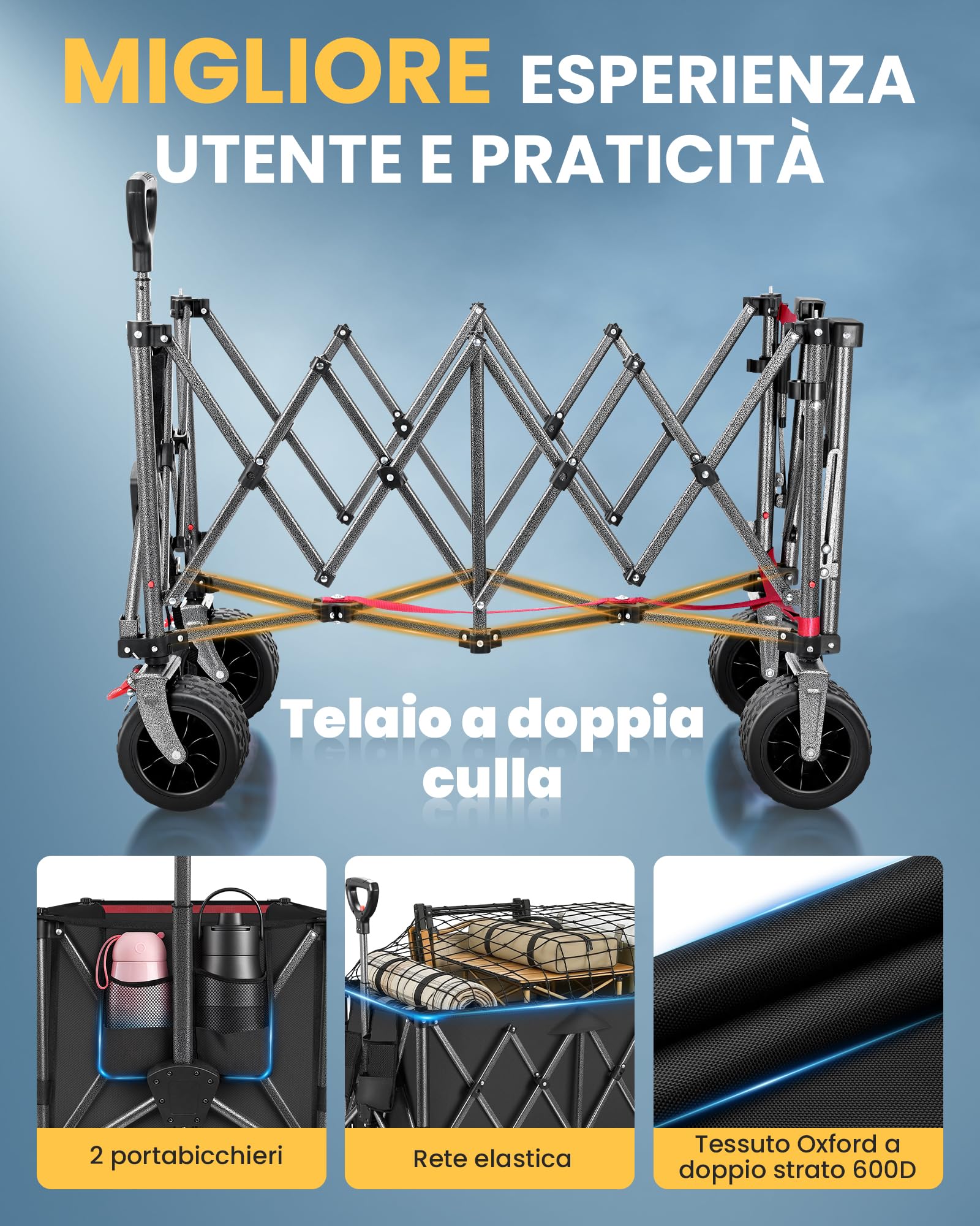 Carrello Spiaggia YEAUPE PRO XXXL con Grandi Ruote Girevoli 360°, 250kg 200-300L, Nero