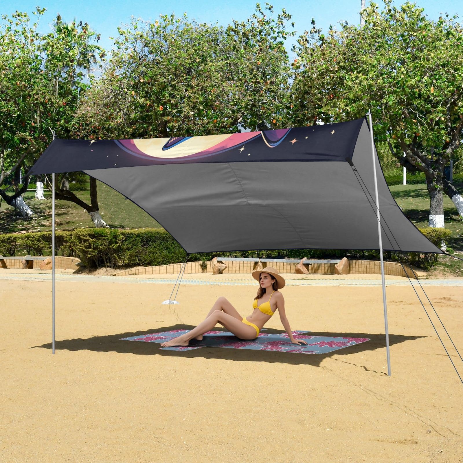 Kunstwerk Katze Mond Strandzelt Sonnenschutz Camping-Vordach,Einfach Aufzubauen,Tragbar mit Sandsäcken für Angeln und Picknick im Freien