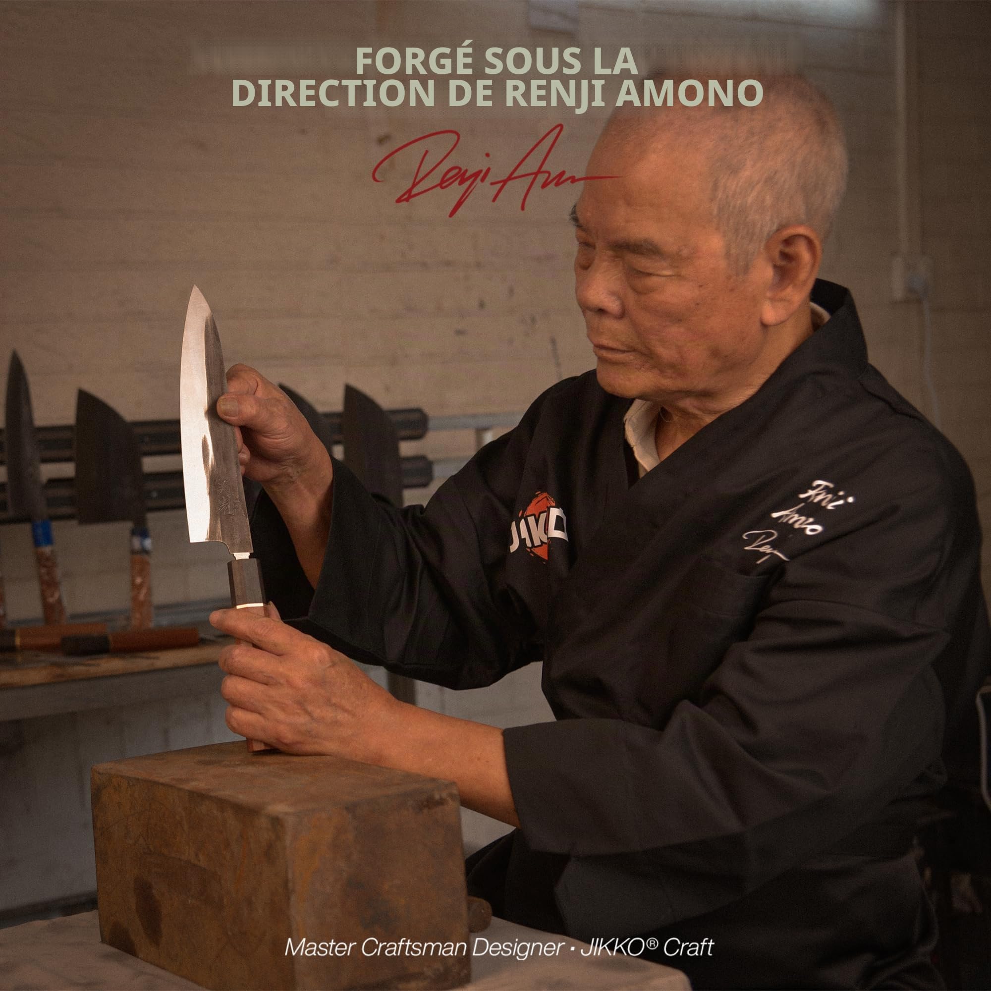 JIKKO Couteau de chef japonais – Acier inoxydable AUS-8 à haute teneur en carbone de 21 cm | Finition forgée à la main | Manche en palissandre et ébène | Couteau de cuisine professionnel