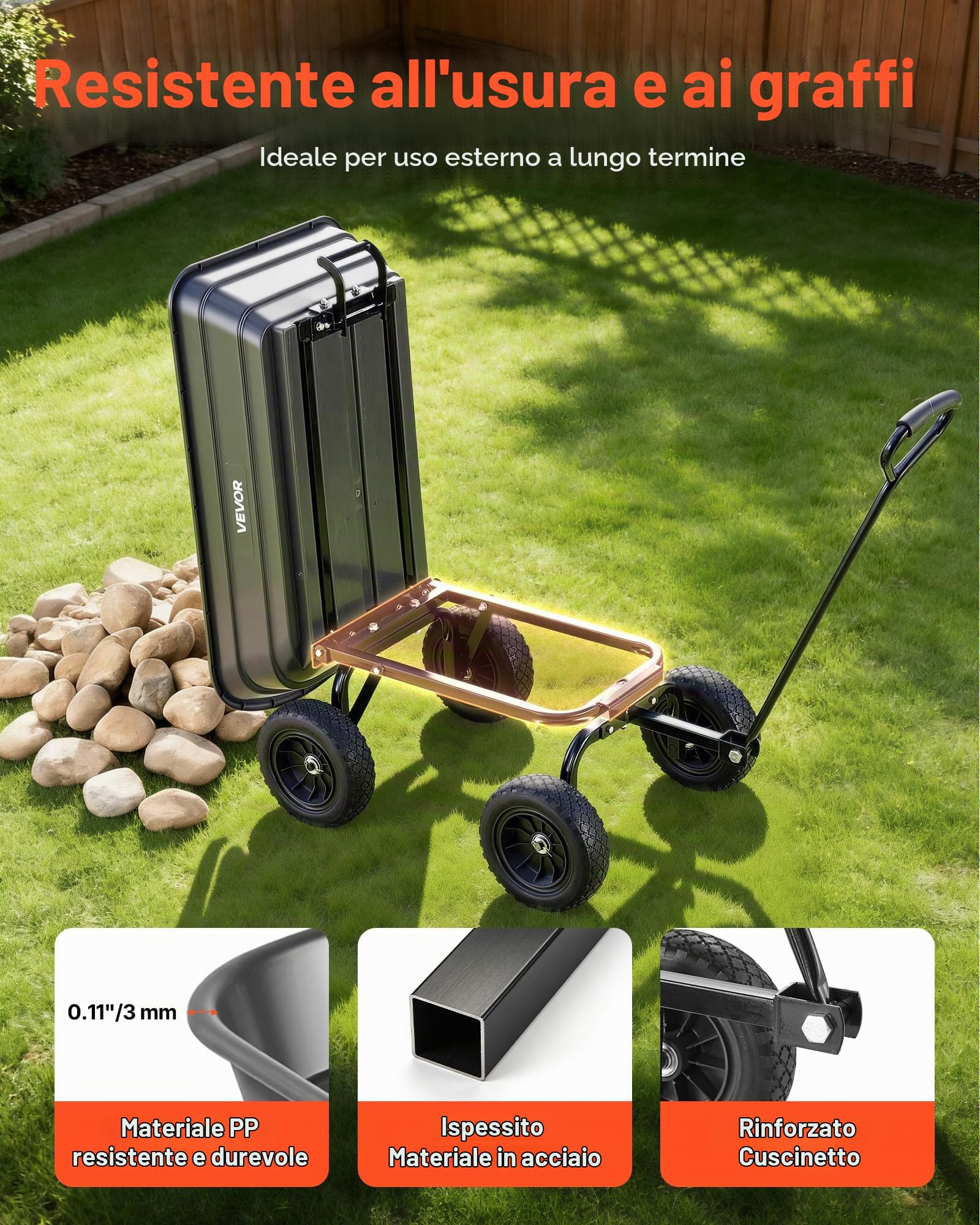 VEVOR Carrello da Giardino Ribaltabile a Mano Carico di 272 kg, con Meccanismo di Scarico Rapido, Ruote Girevoli, Cuscinetti Rotanti Flessibili, Carrello da Giardino per Piante, Terreno, Colture