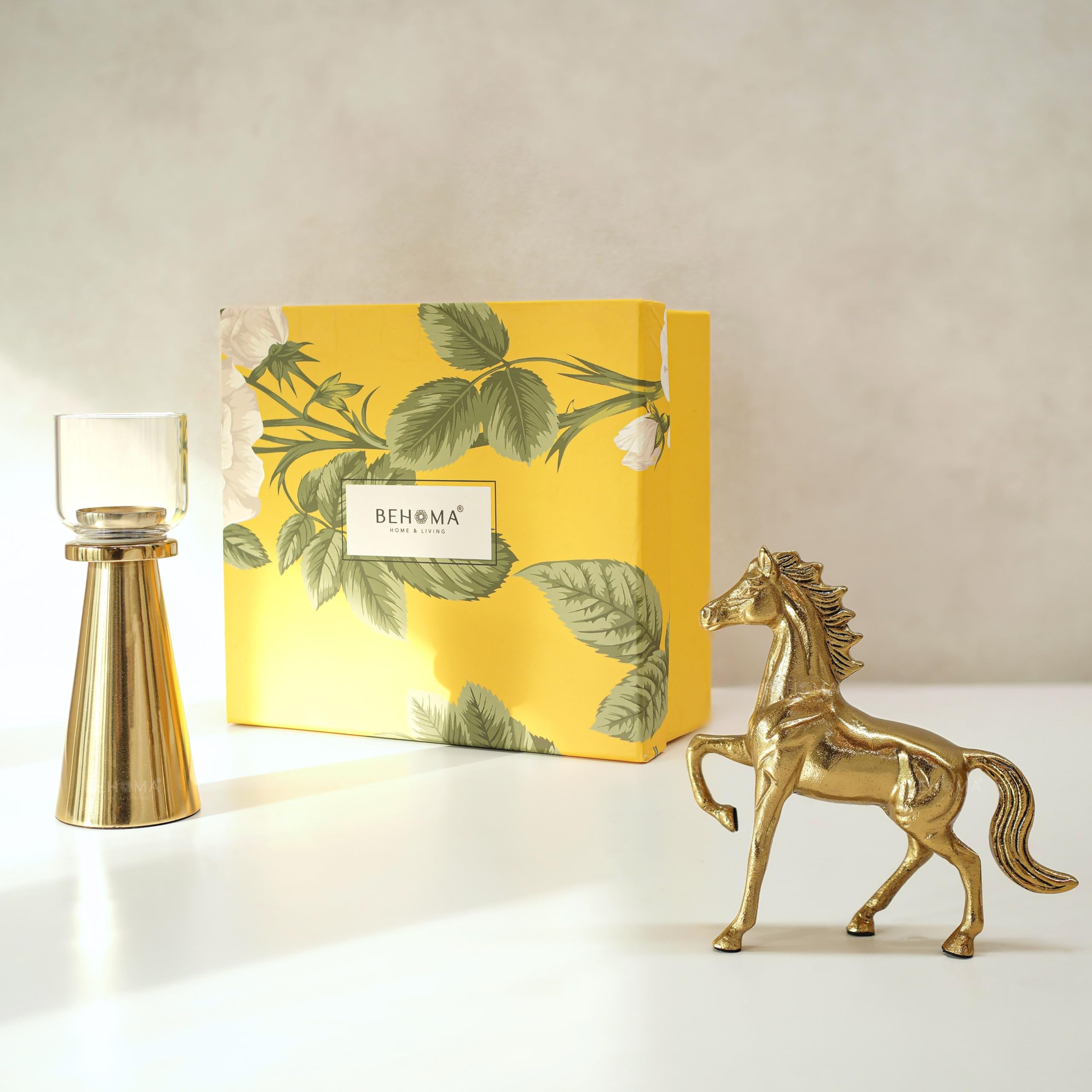 BEHOMA Royal Glow Luxury Home Décor Gift Hamper | Aluminium Horse Figurine Showpiece with Metal & Glass Tea Light Candle Holder | Premium Decorative Gift for Living Room, Wedding & Housewarming-image-23
