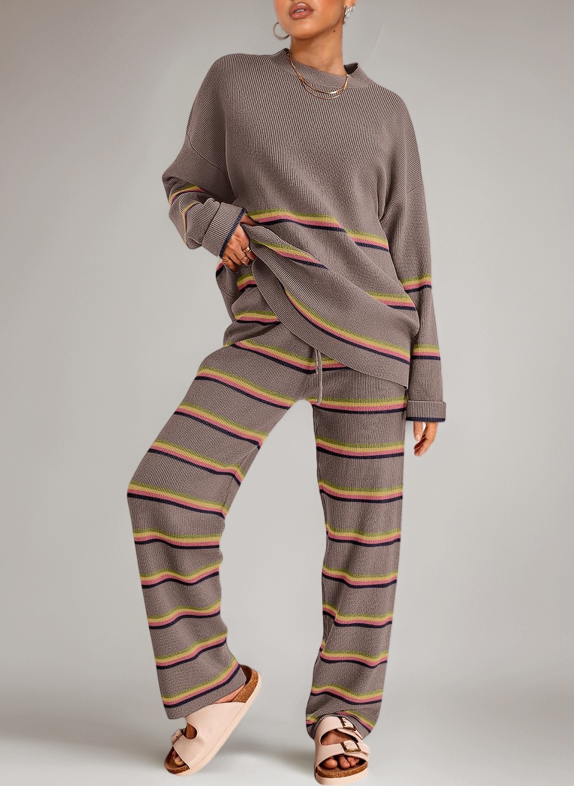 LILLUSORY 2 Piece Sets for Women 2025 Fall Outfits Two Piece Lounge Sets Sweatsuits Striped Knit Sweater Clothes Fashion