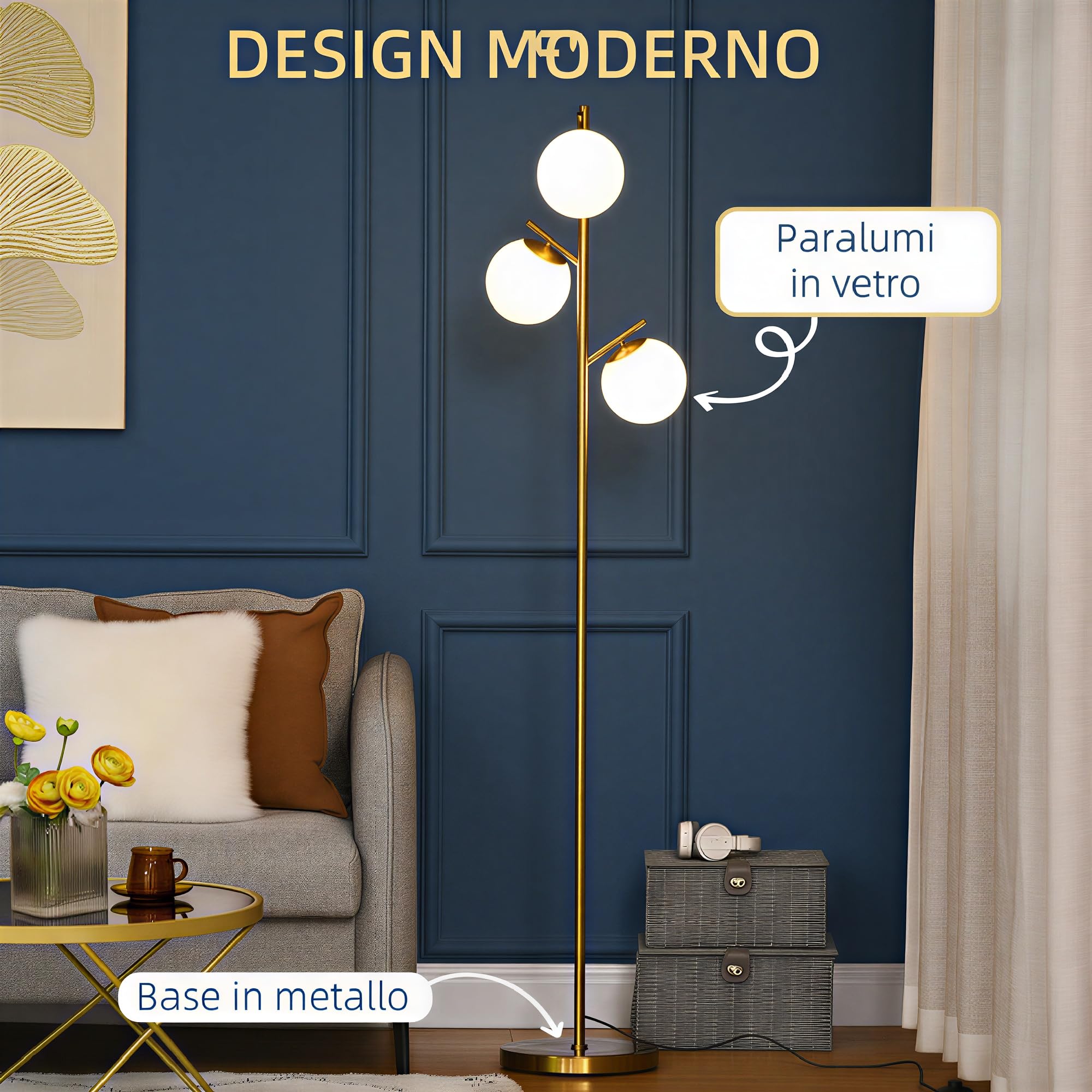 HOMCOM Lampada da Terra Moderna con 3 Punti Luce, Lampada a Piantana in Metallo e Vetro, Ø27x169cm, Oro