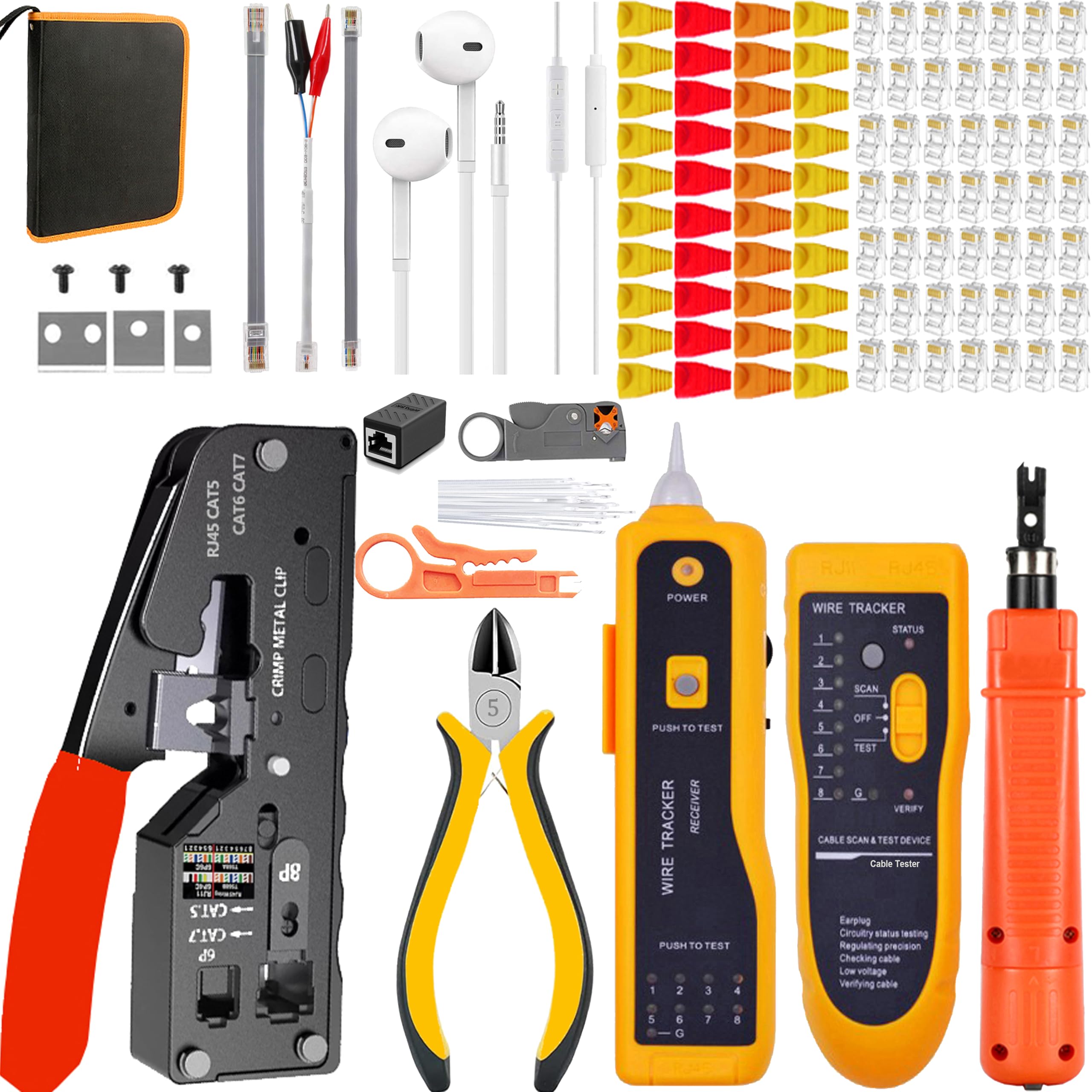 MAYLINEE RJ45/RJ12/RJ11, set di strumenti di crimpatura, pinza crimpatrice CAT5 CAT6, tester per cavi LAN, set di strumenti di crimpatura, passaggio finale con 50 connettori (giallo)