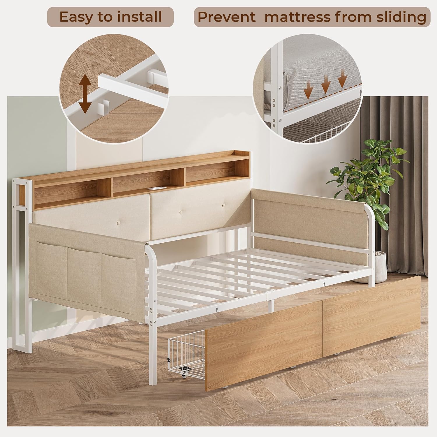 LIKIMIO Twin Daybed with Storage, Twin Bed Frame with Upholstered Headboard and Charging Station, Sofa Day Bed with Strong Supports for Living Room, Bedroom and Guest Room, White