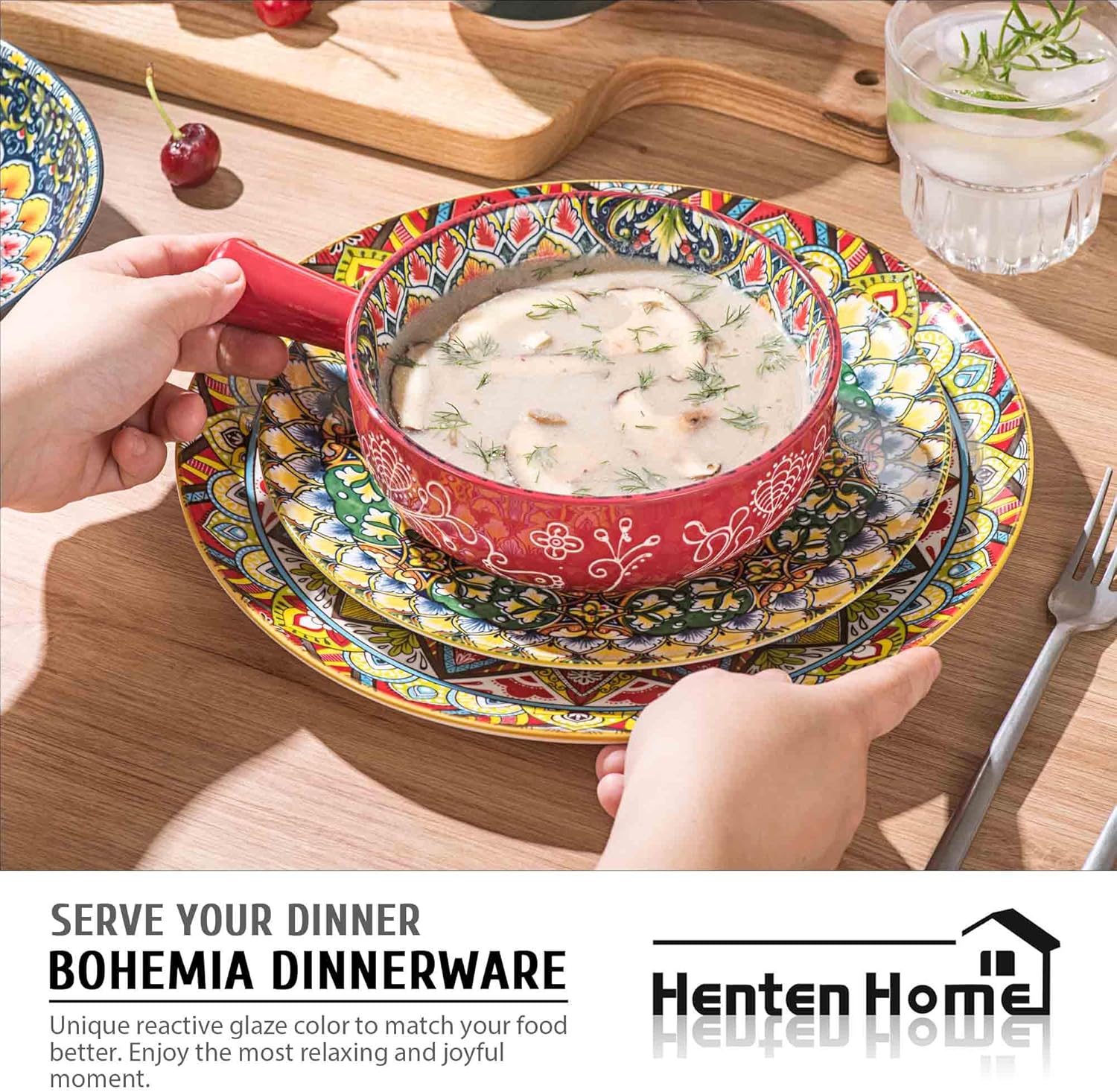 Henten Home 18 oz Soup Bowls with Handle, Porcelain French Onion Soup Bowl Set of 4, Ceramic Colorful Crocks for Pasta, Beef Stews, Cereal, Bohemian, Microwave & Oven Safe