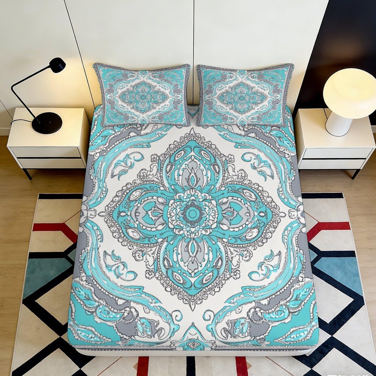 3D Printed Turquoise Mandala Fitted Sheet Microfiber Soft Decorative Paisley Bed Sheet for Bedroom Guest Room 90x200x25cm