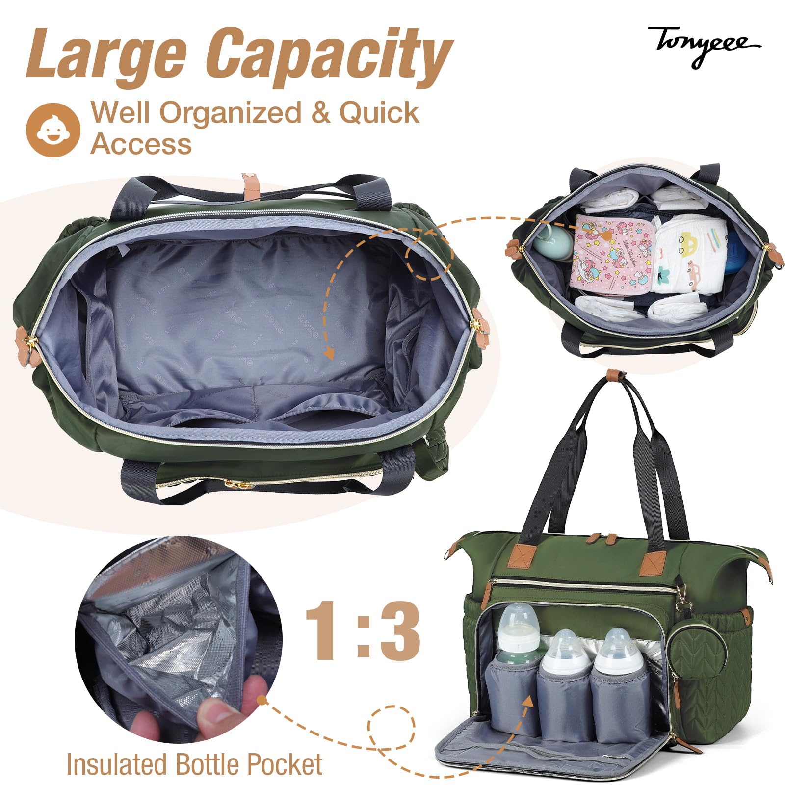 Tonyeee Baby Changing Bag Tote, Large Nappy Diaper Tote Bag for Mum Dad Travel Baby Bag with Changing Mat, Pacifier Case - Image 3