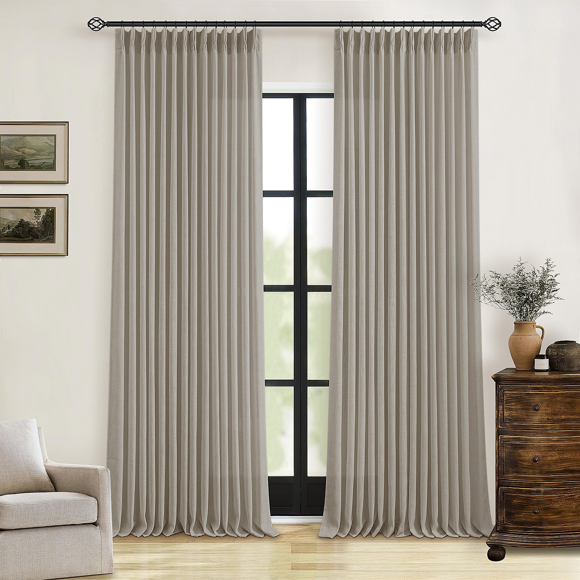 Photo 1 of Burlywood Birch Pinch Pleated Linen Curtains 94 Inches Long for Living Room Bedroom 1Panels Set Greyish Beige Flax Double Pleated Drapes Back Tab Farmhouse Ceiling Floor 94 Inch Window Curtains