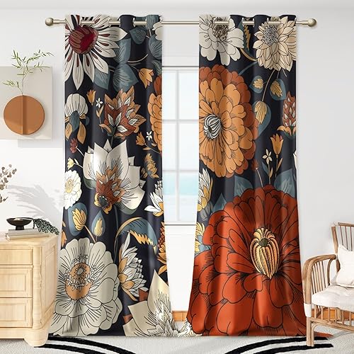 Miniatura 29 de Cortinas Opacas Florales Bohemias Negras 100% para Dormitorio 72 Pulgadas de Largo 2 Paneles Cortinas Opacas Botánicas de Mediados de Siglo Negras