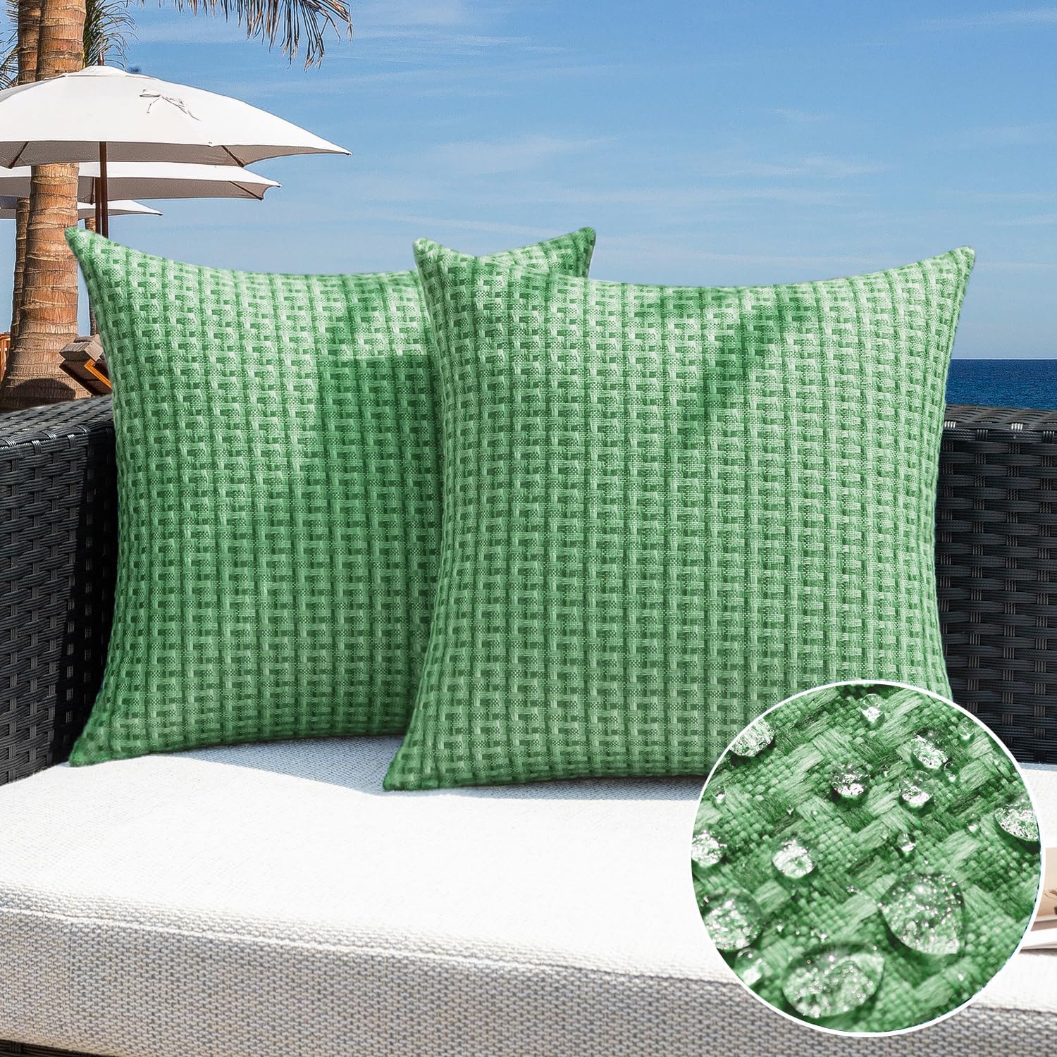 Kevin Textile Spring Outdoor Waterproof Throw Pillow Covers Pack of 2 Farmhouse Decorative Cushion Covers for Garden Patio Tent Balcony Bench Couch Sofa 24x24 Inch, Sage Green