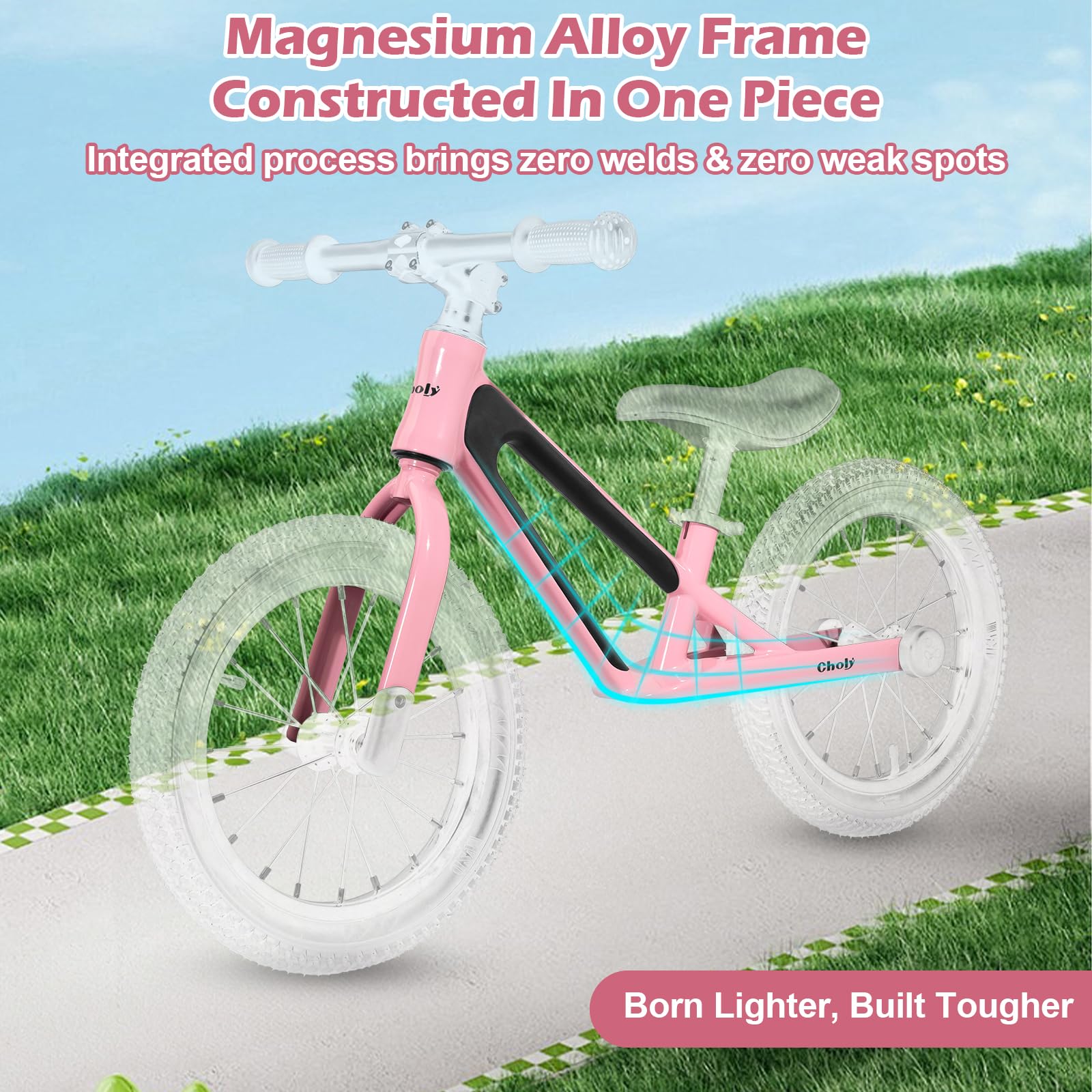 CHOLY Vélo sans pédales 14 pouces pour enfants 3-6 ans, siège réglable, pneus pneumatiques, cadre en alliage de magnésium