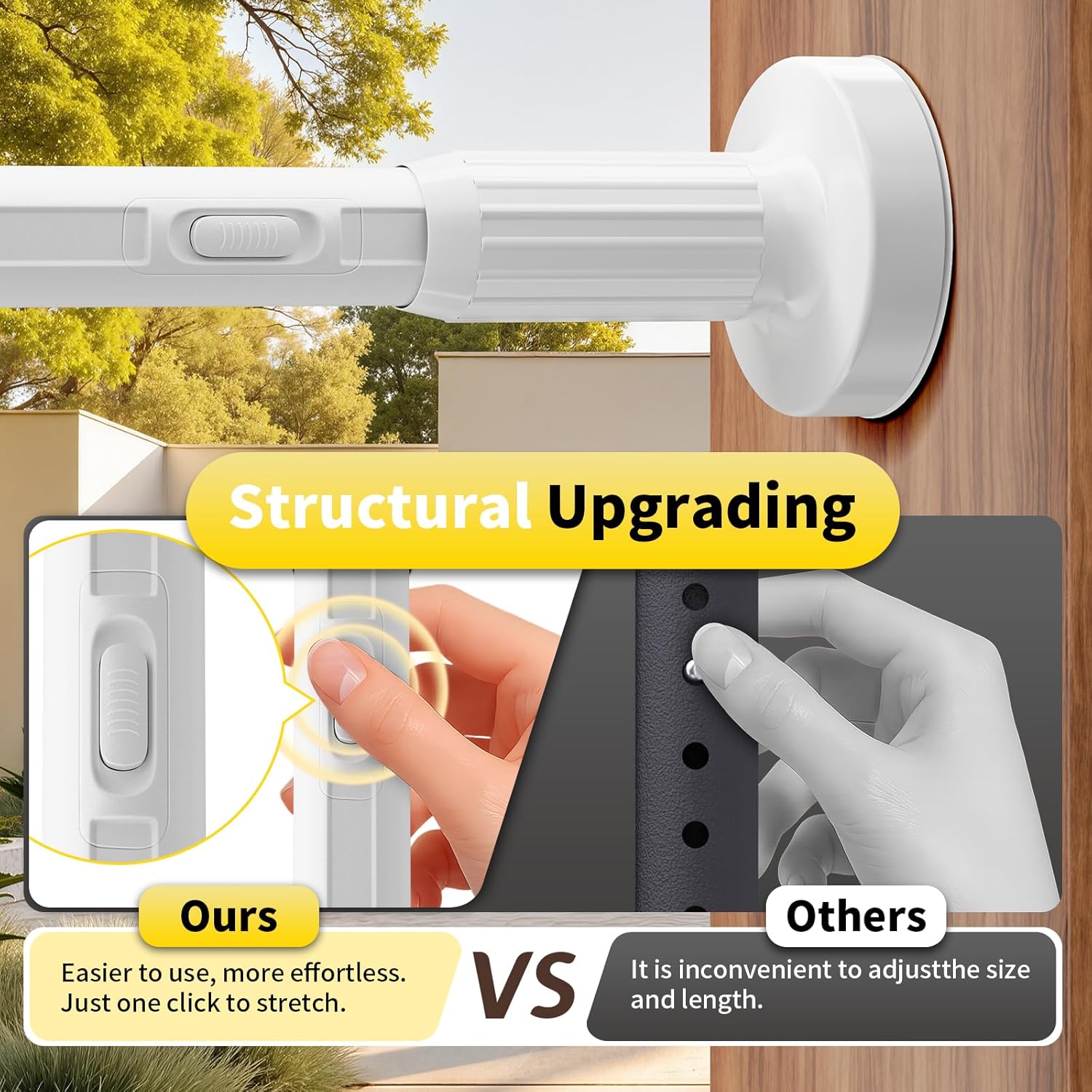 Tension Curtain Rod 41-86In-150Lb Outdoor Extra Long Tension Rod No Drilling for Window or Bathroom Patio, Adjustable Heavy Duty Shower Curtain Rod, Easy to Install, Never Rust, Non-Slip-White