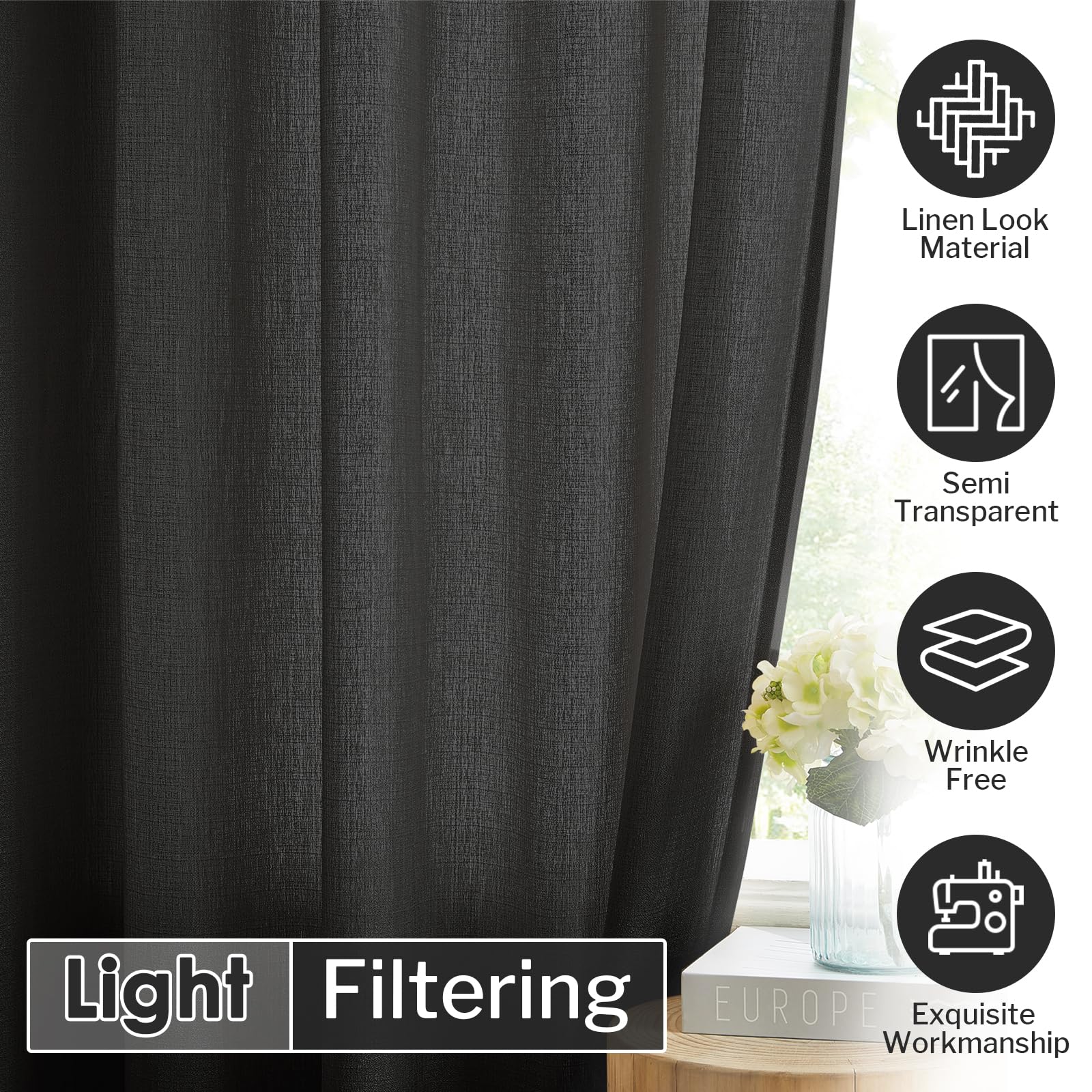 Melodieux Black Semi Sheer Curtains 84 Inches Long for Living Room Bedroom Flax Linen Grommet Voile Drapes, 52 by 84 Inch (2 Panels) - Image 3