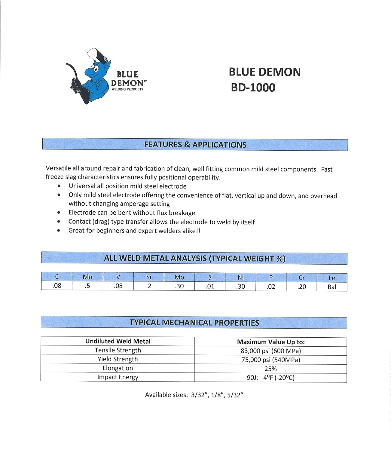 Blue Demon Alloy 1000 X 1/8" X 14" X 5LB pack gen purpose steel maintenance electrode