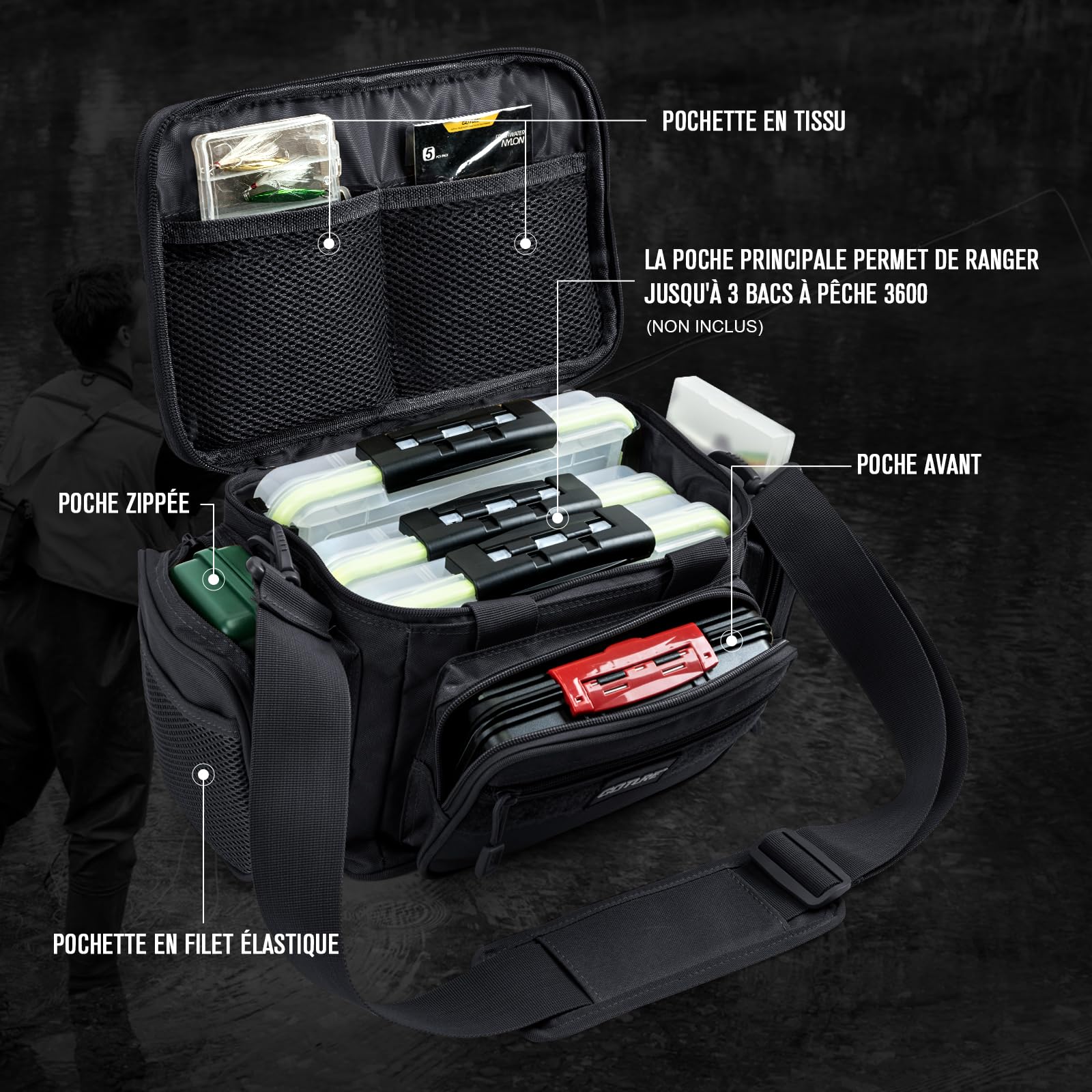 Goture Sac de Pêche Résistant à l'Eau 600D Sac à Bandoulière Tactique pour Eau Douce et Salée