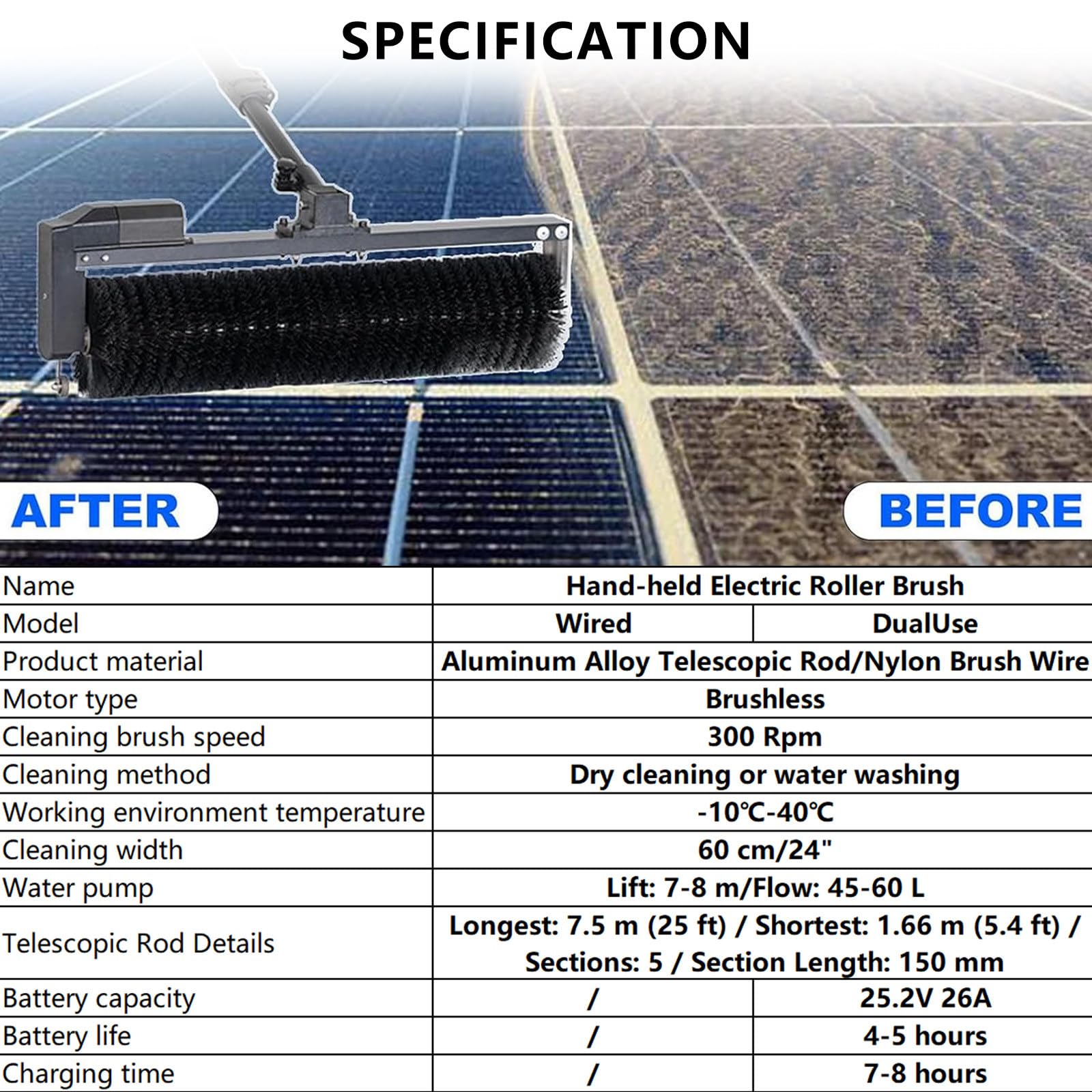 Cepillo de limpieza de paneles solares con poste telescópico de 25 pies, rociador de agua automático, para uso residencial