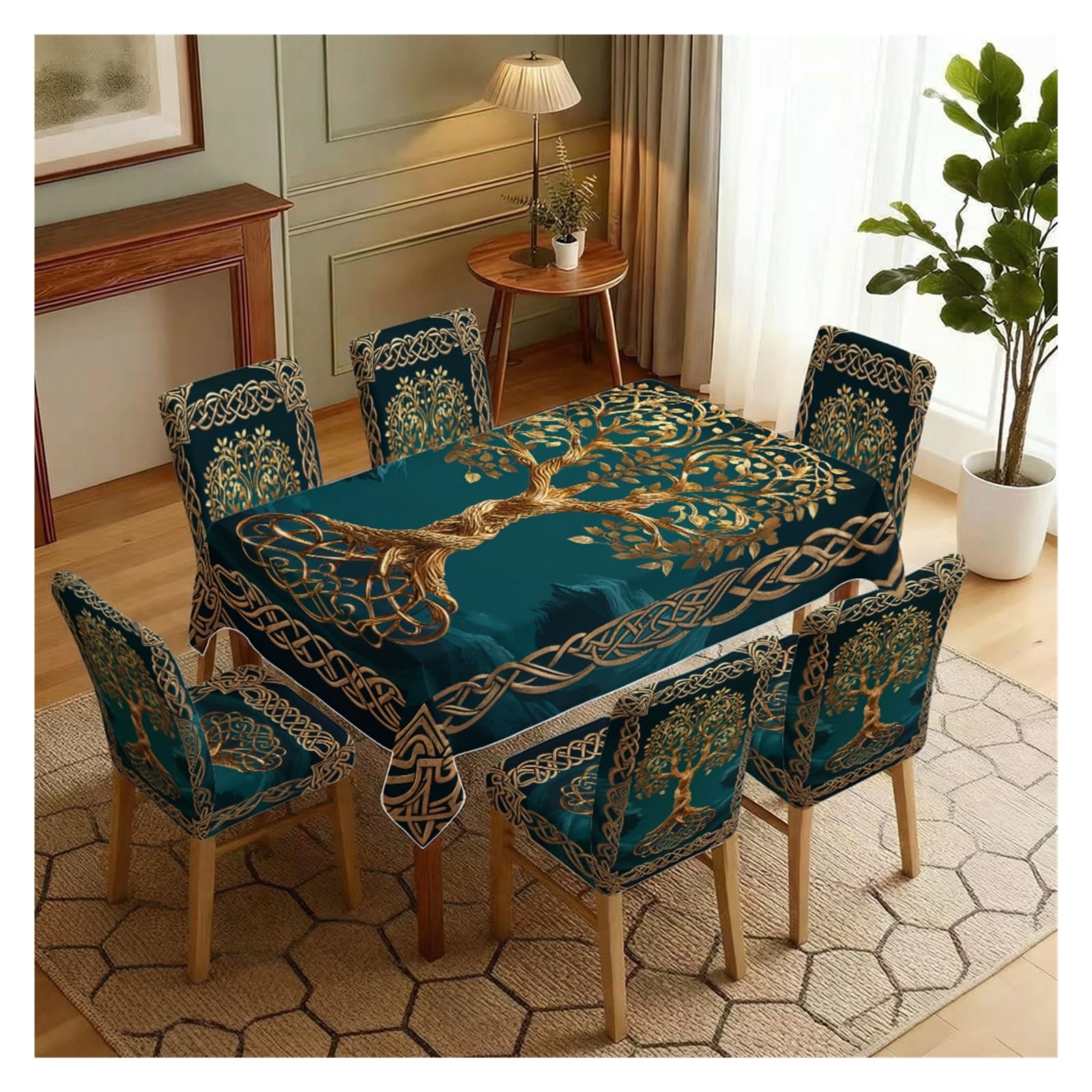 BOSUYBN Stretch Dining Chair Slipcovers And Tablecloth Set, Teal Background Golden Tree Of Life Print, 5/7 Pack For Dining Room Kitchen Home Decor Table Setting(7pcs Set: Tablecloth+Chair Covers)