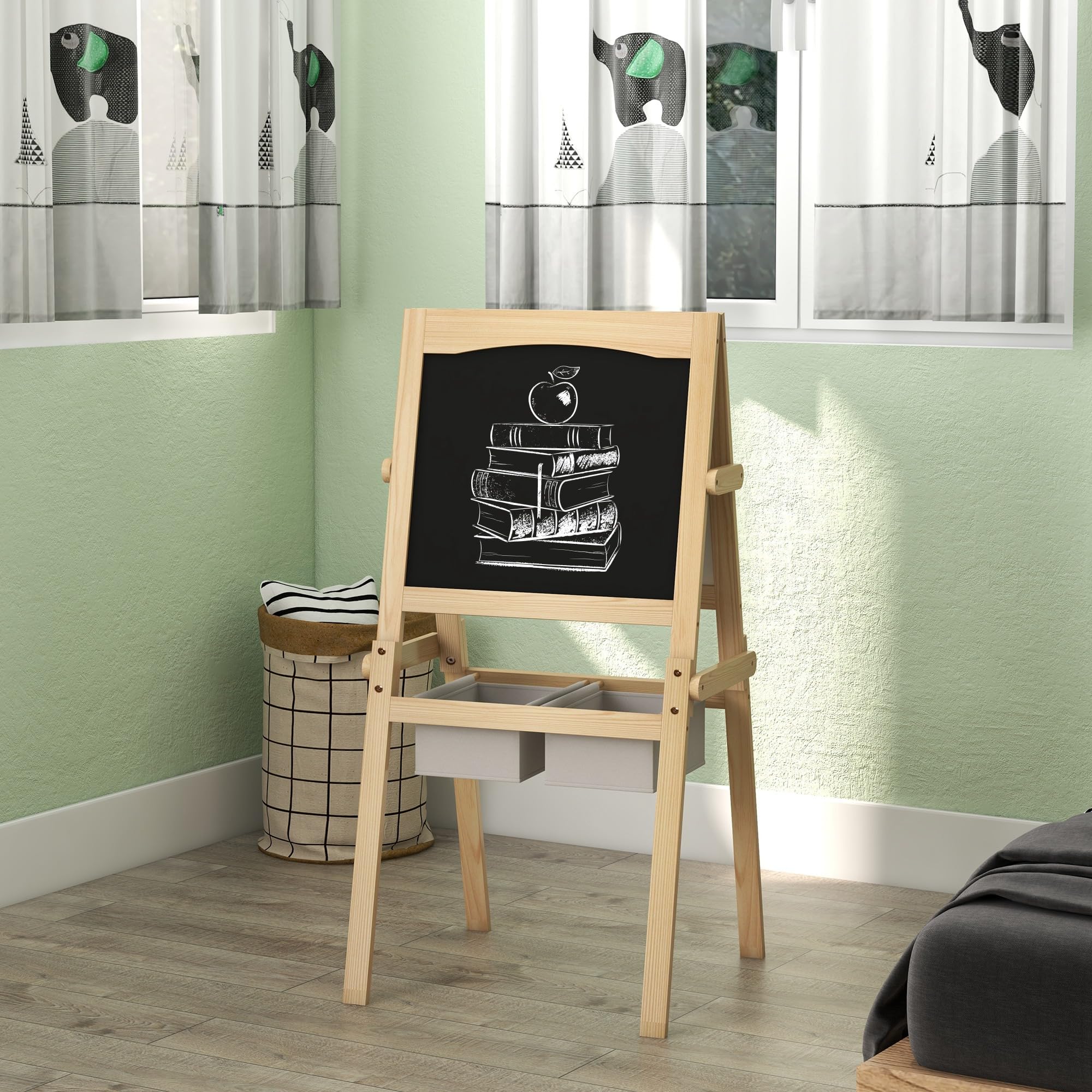 AIYAPLAY Lavagna per Bambini 3 in 1 Multiattività con Due Cestini, Cavalletto Artistico in Legno per Bambini 3-6 anni, 58x50.5x109cm