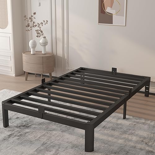 Miniatura 11 de Base de cama Queen de 4 pulgadas, no necesita somier, base de cama de plataforma con juntas de metal, soporte de listones de acero resistente, tapón