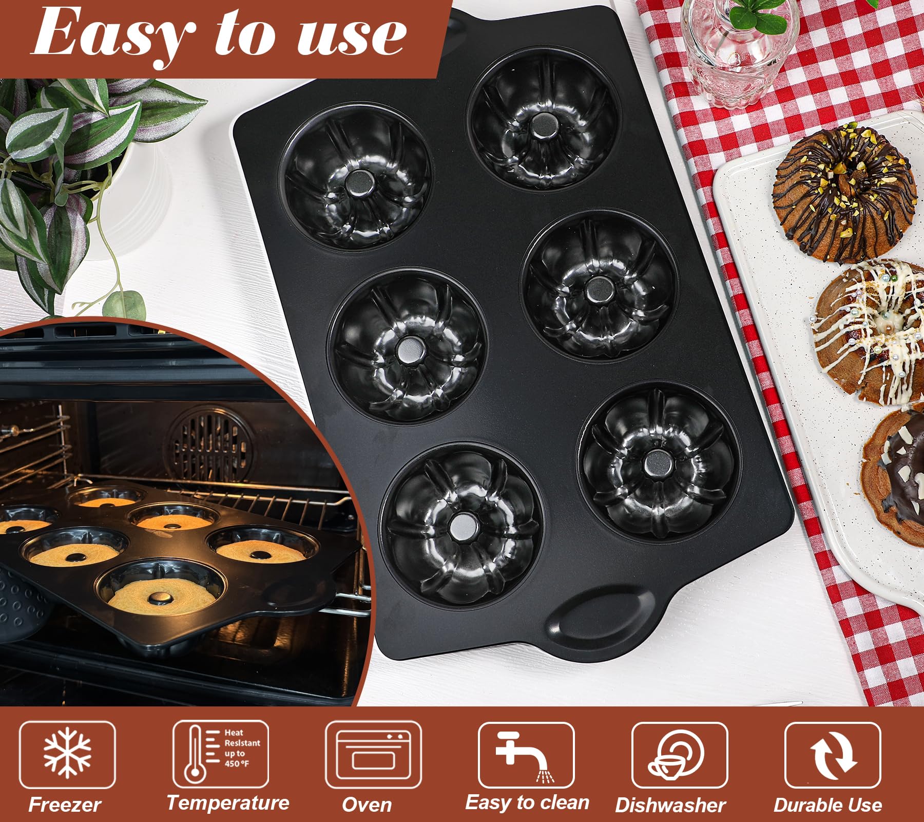 Webake Mini Bunt Moule à gâteau anti-adhésif en acier carbone épais de 8,9 cm à 6 cavités