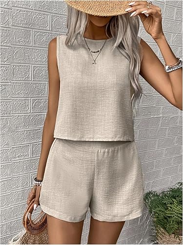 Miniatura 5 de SweatyRocks Conjunto de 2 piezas para mujer, camiseta sin mangas y pantalones cortos a juego