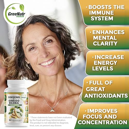 Miniatura 5 de GreeNatr - Tabletas de ginseng y ginkgo biloba - Súper alimento superior no transgénicovegetariano  Potenciador de energía y activador cerebral