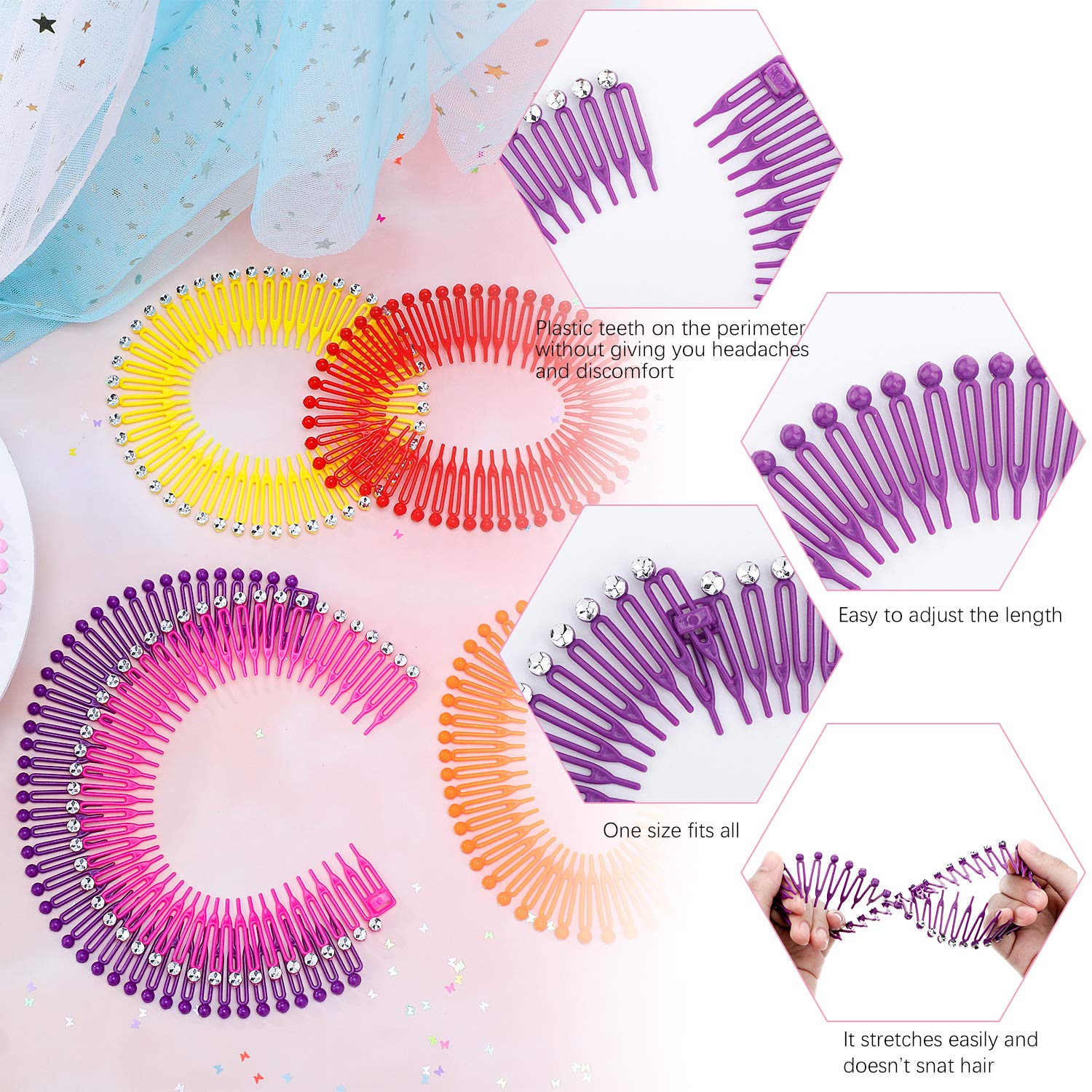 12 Pieces Stretch Comb Flexible Hair Comb Headband Circle Spring Headband Circular Tooth Clip Headwrap Hairband Holder for Women Girls (Assorted Colors)